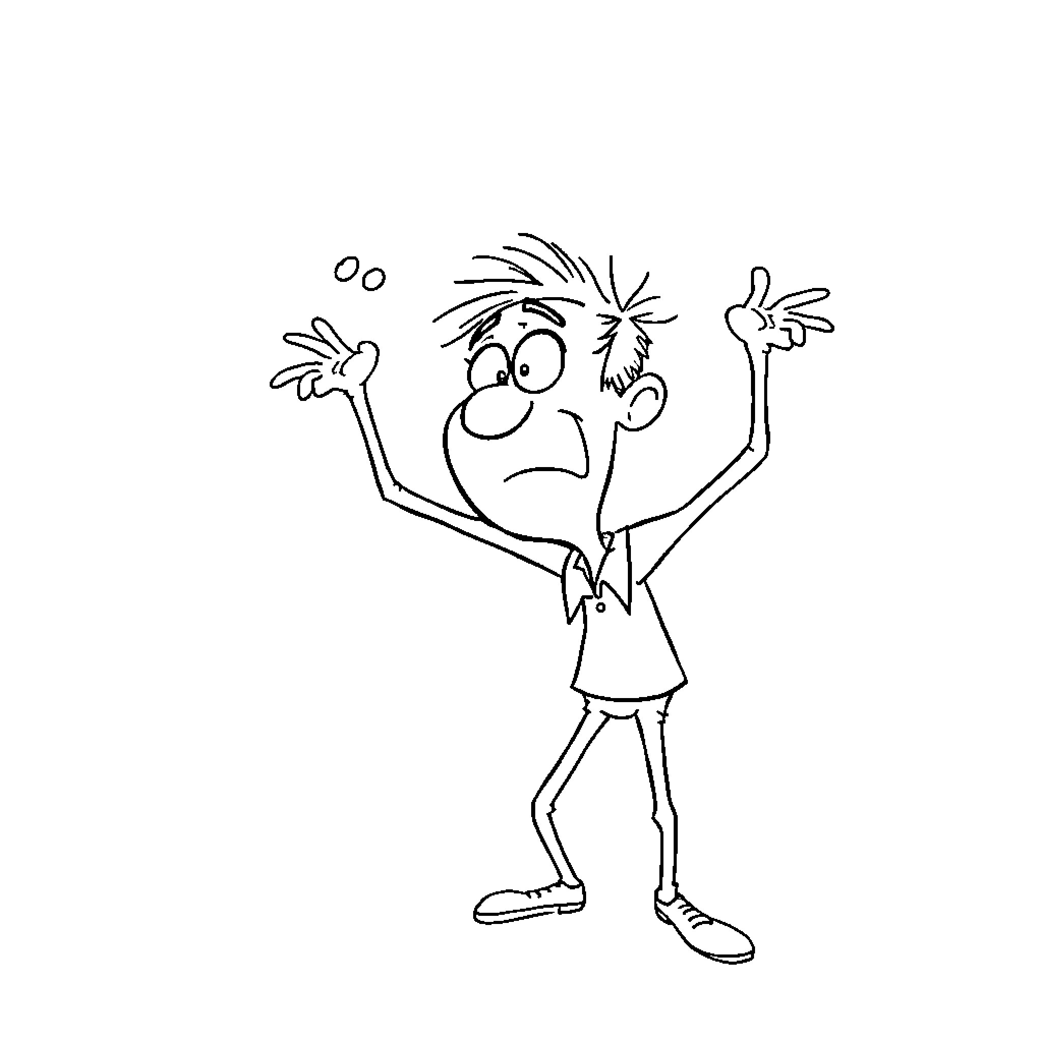 Idiot cartoon character making silly gestures Coloring Page (free black-and-white line drawing printable PDF for all, from beginners to advanced learners, including children, teens, adults, and seniors)
