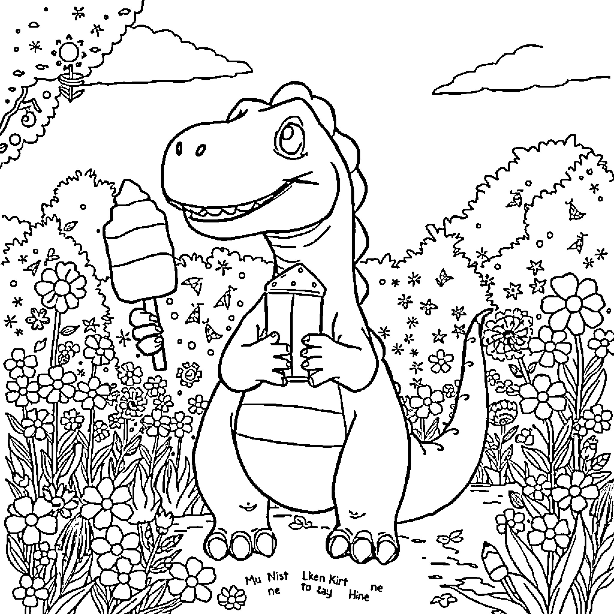 Dino enjoying a snack in a floral garden Coloring Page (free black-and-white line drawing printable PDF for all, from beginners to advanced learners, including children, teens, adults, and seniors)