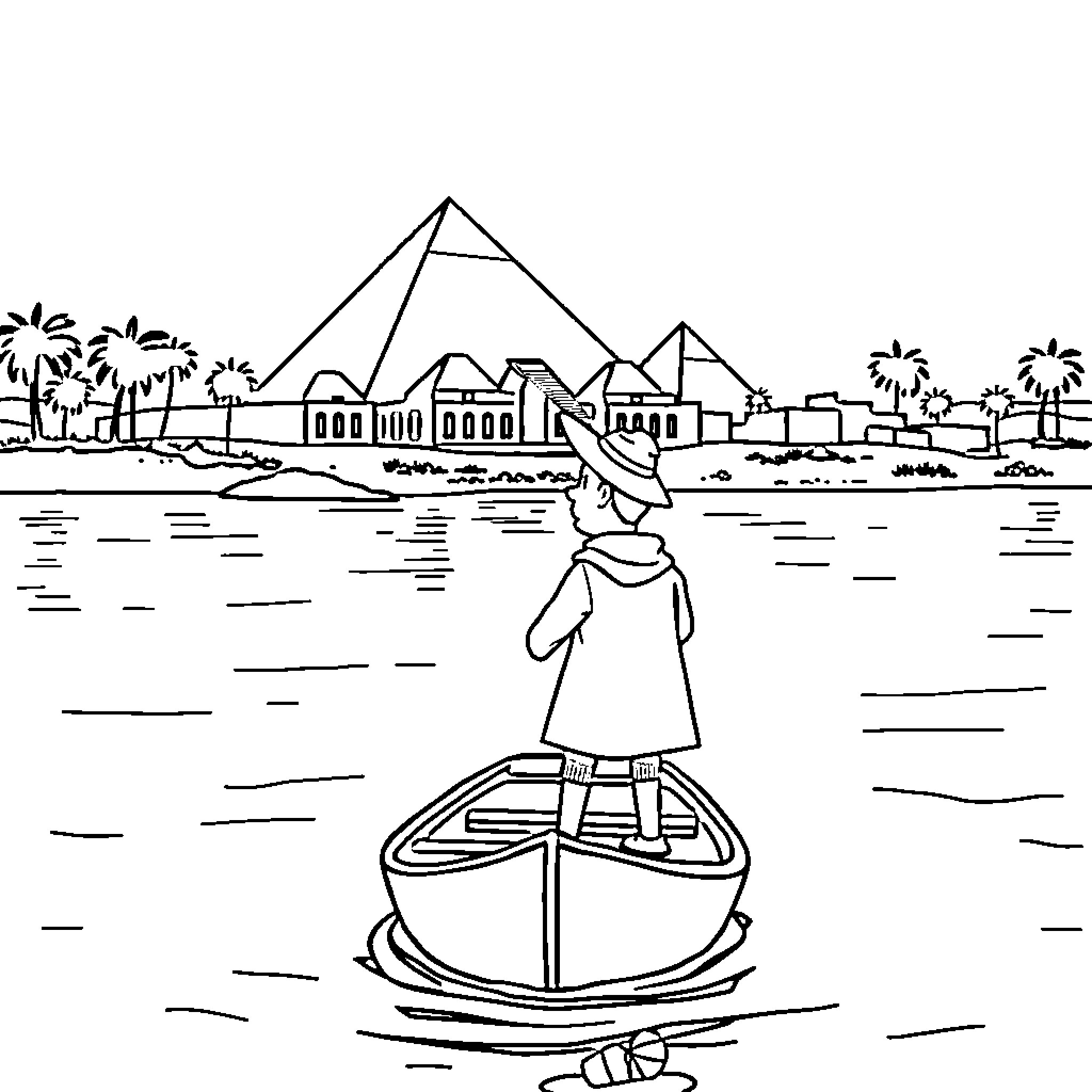 Tintin exploring the Nile River and Egyptian landmarks Coloring Page (free black-and-white line drawing printable PDF for all, from beginners to advanced learners, including children, teens, adults, and seniors)