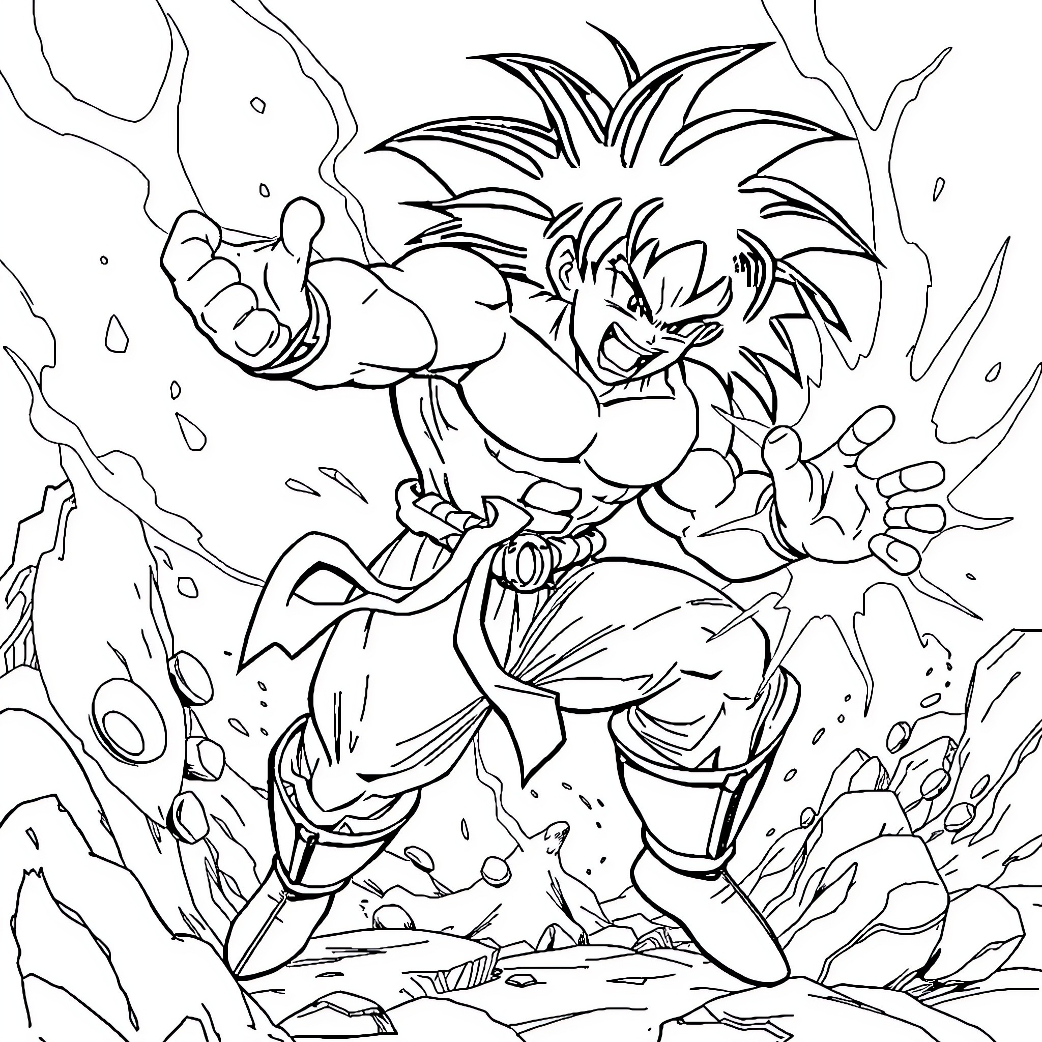 Broly unleashing his powerful energy in a fierce battle Coloring Page (free black-and-white line drawing printable PDF for all, from beginners to advanced learners, including children, teens, adults, and seniors)