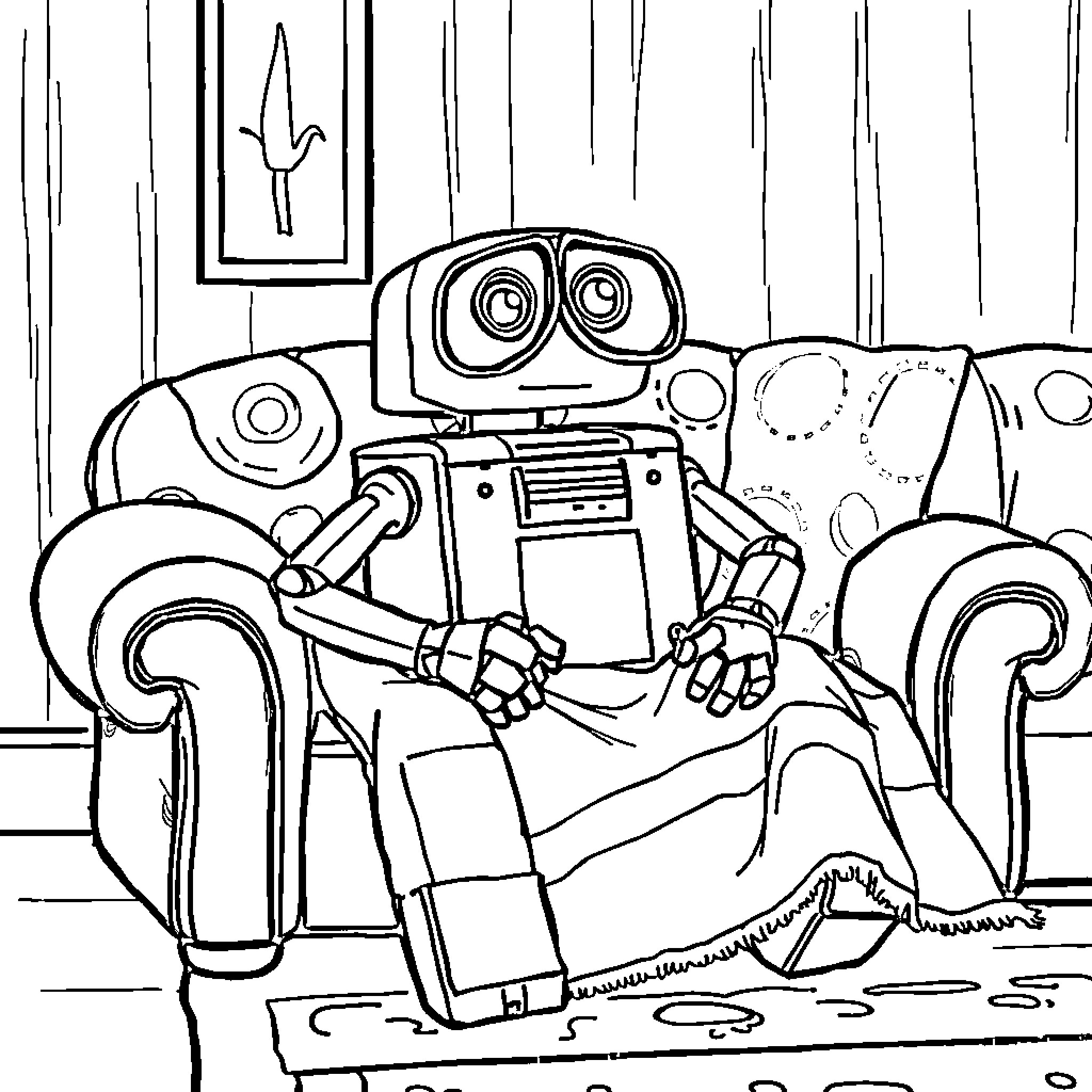 Wall-E relaxing and exploring a cozy indoor space Coloring Page (free black-and-white line drawing printable PDF for all, from beginners to advanced learners, including children, teens, adults, and seniors)