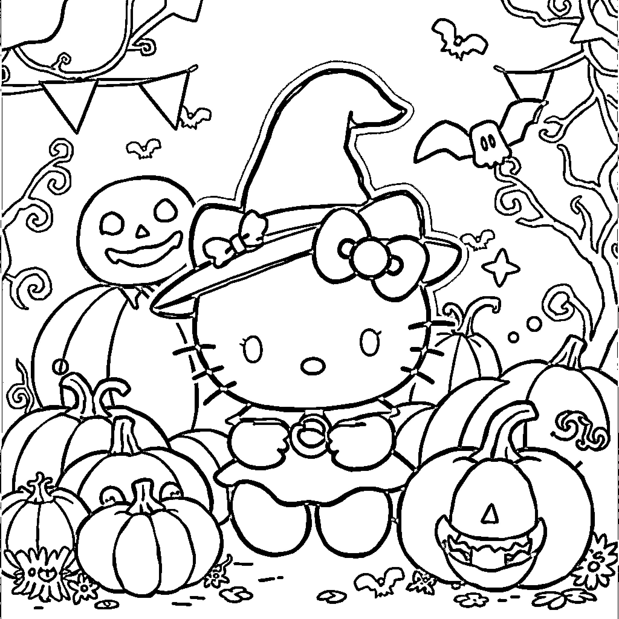 Hello Kitty enjoying a spooky Halloween scene Coloring Page (free black-and-white line drawing printable PDF for all, from beginners to advanced learners, including children, teens, adults, and seniors)
