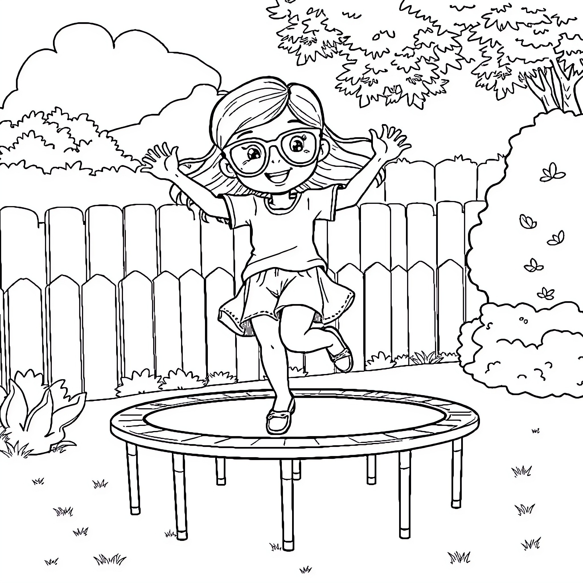 Girl happily jumping on trampoline in backyard Coloring Page (free black-and-white line drawing printable PDF for all, from beginners to advanced learners, including children, teens, adults, and seniors)