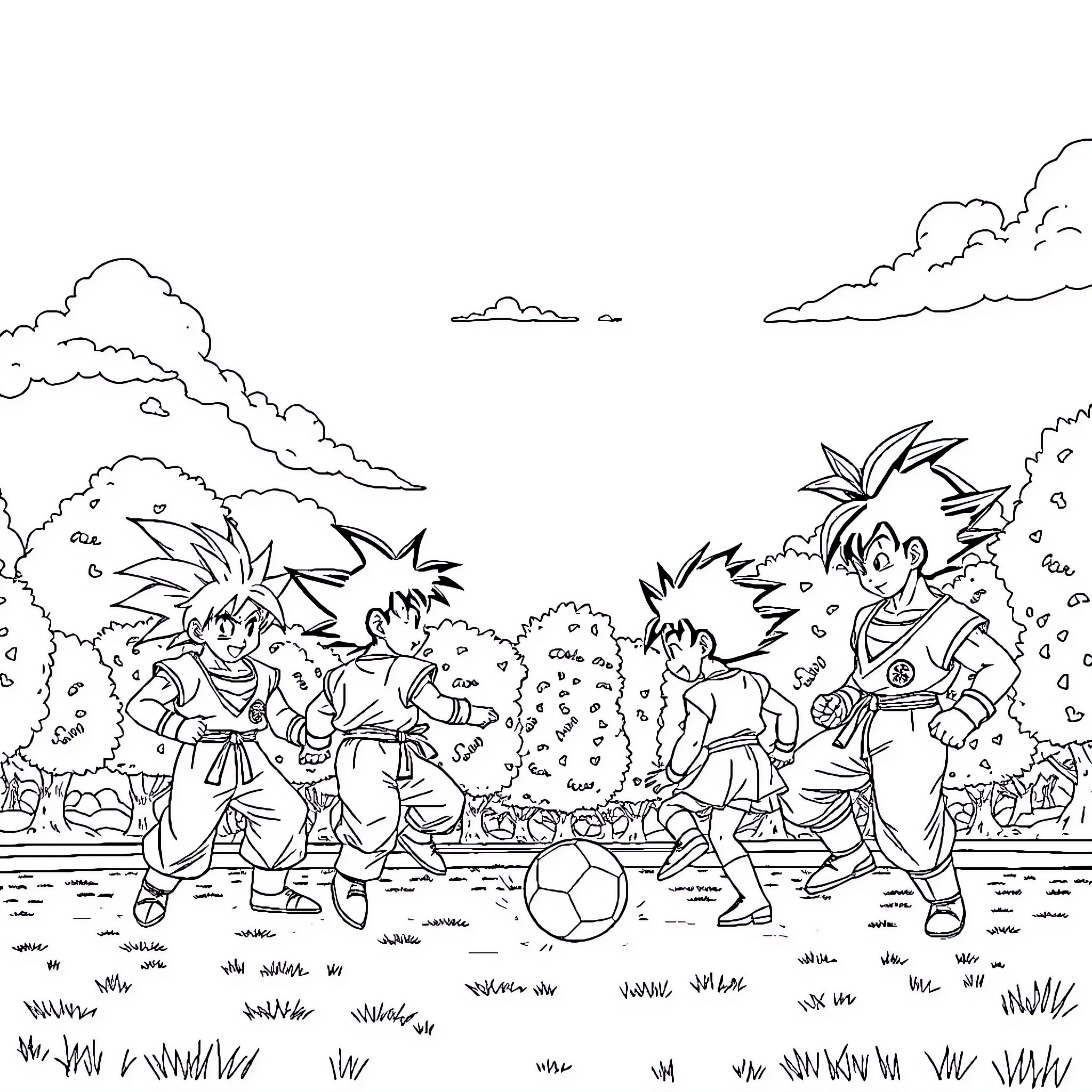 Dragon Ball Z Characters in an Outdoor Scene Coloring Page (free black-and-white line drawing printable PDF for all, from beginners to advanced learners, including children, teens, adults, and seniors)