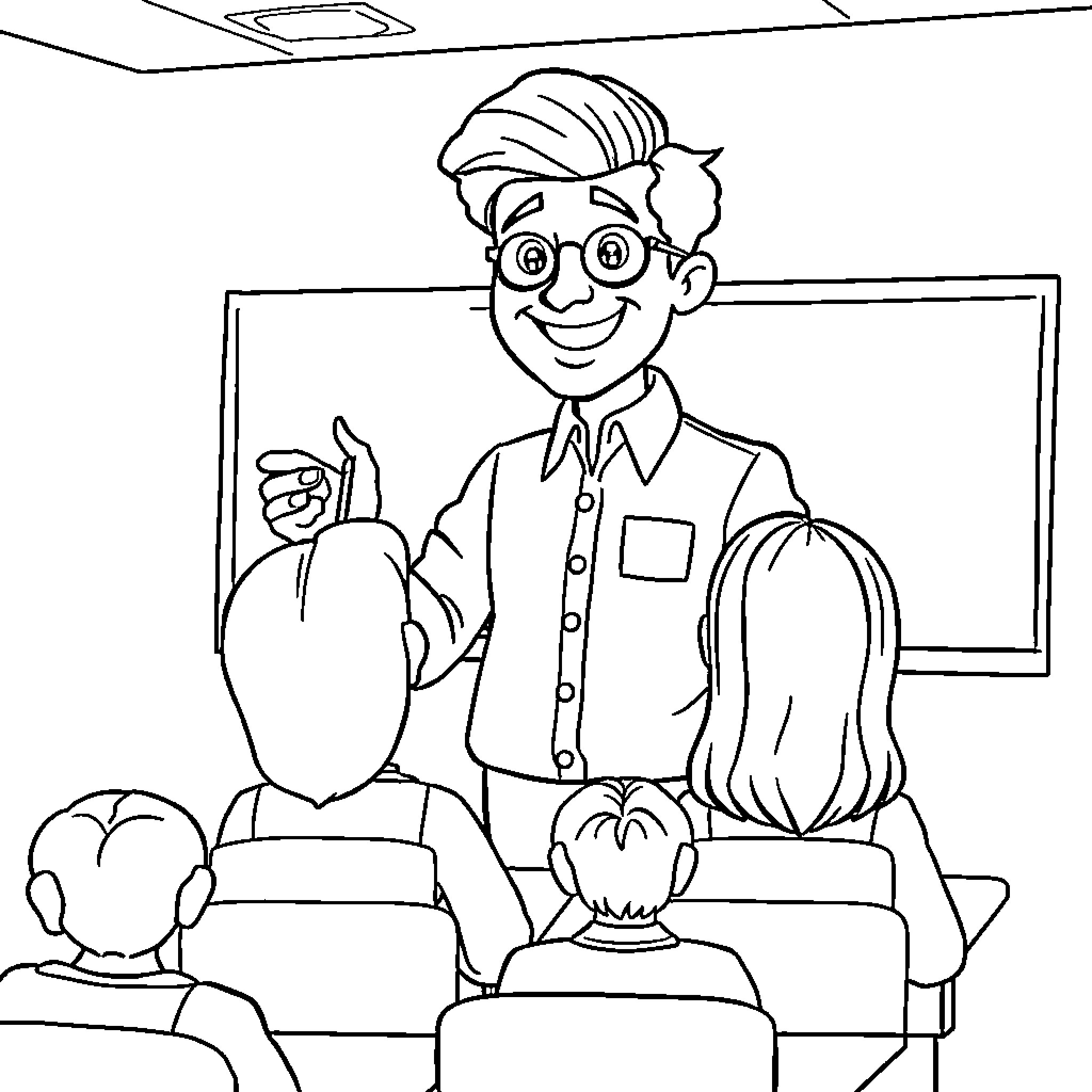 Teacher instructing students with enthusiasm in the classroom Coloring Page (free black-and-white line drawing printable PDF for all, from beginners to advanced learners, including children, teens, adults, and seniors)