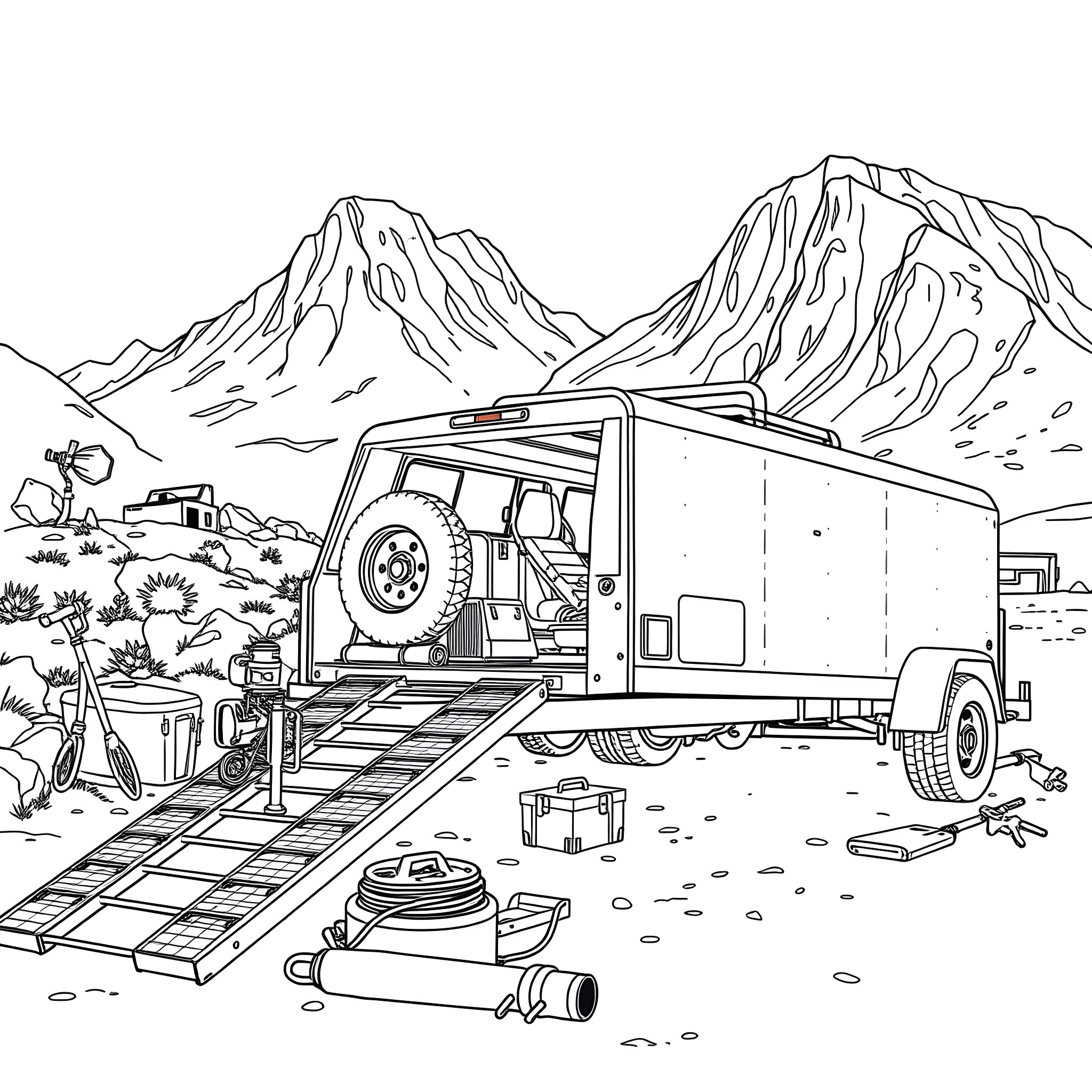Car Trailer in Remote Mountain Wilderness Coloring Page (free black-and-white line drawing printable PDF for all, from beginners to advanced learners, including children, teens, adults, and seniors)
