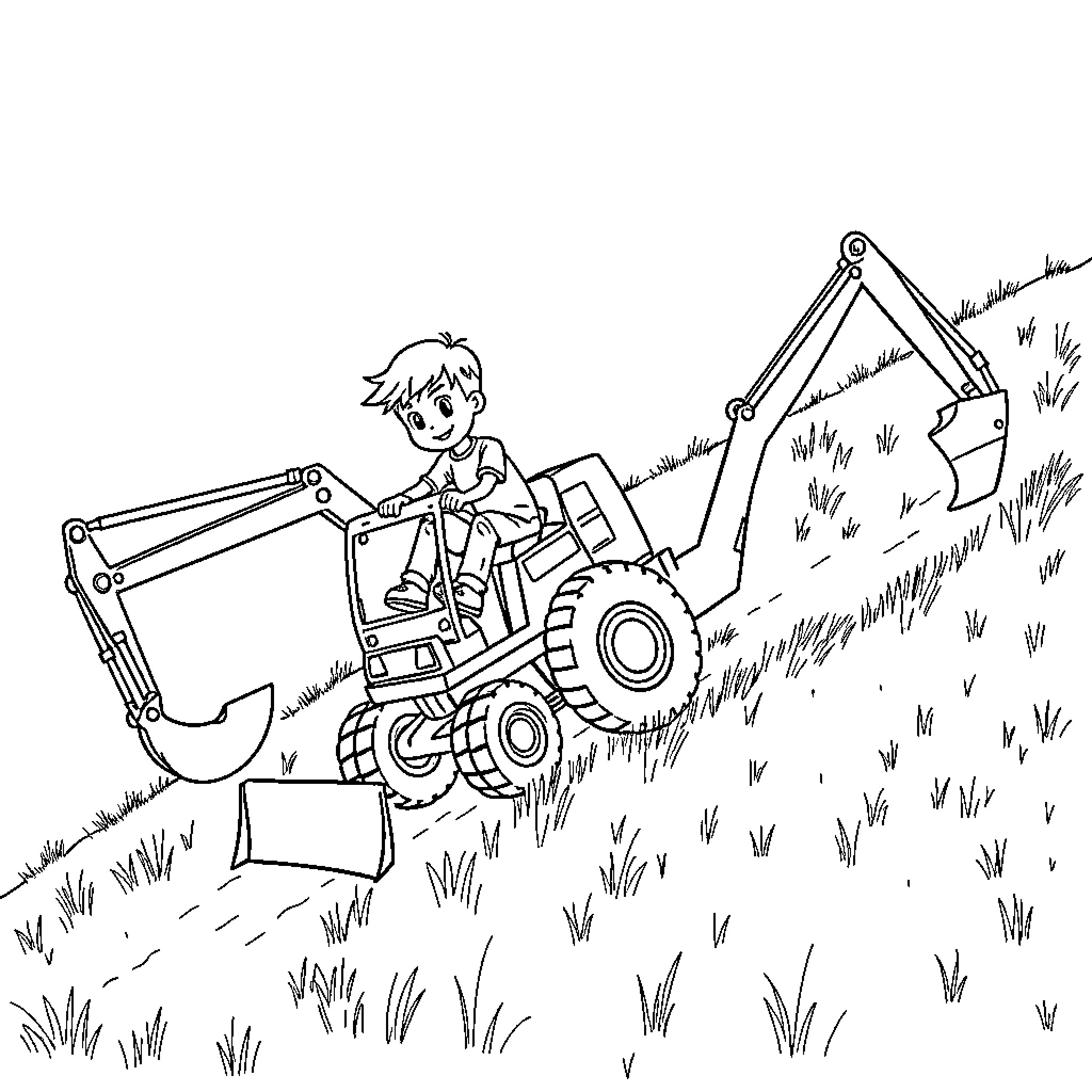 Boy operating heavy construction machinery in the field Coloring Page (free black-and-white line drawing printable PDF for all, from beginners to advanced learners, including children, teens, adults, and seniors)