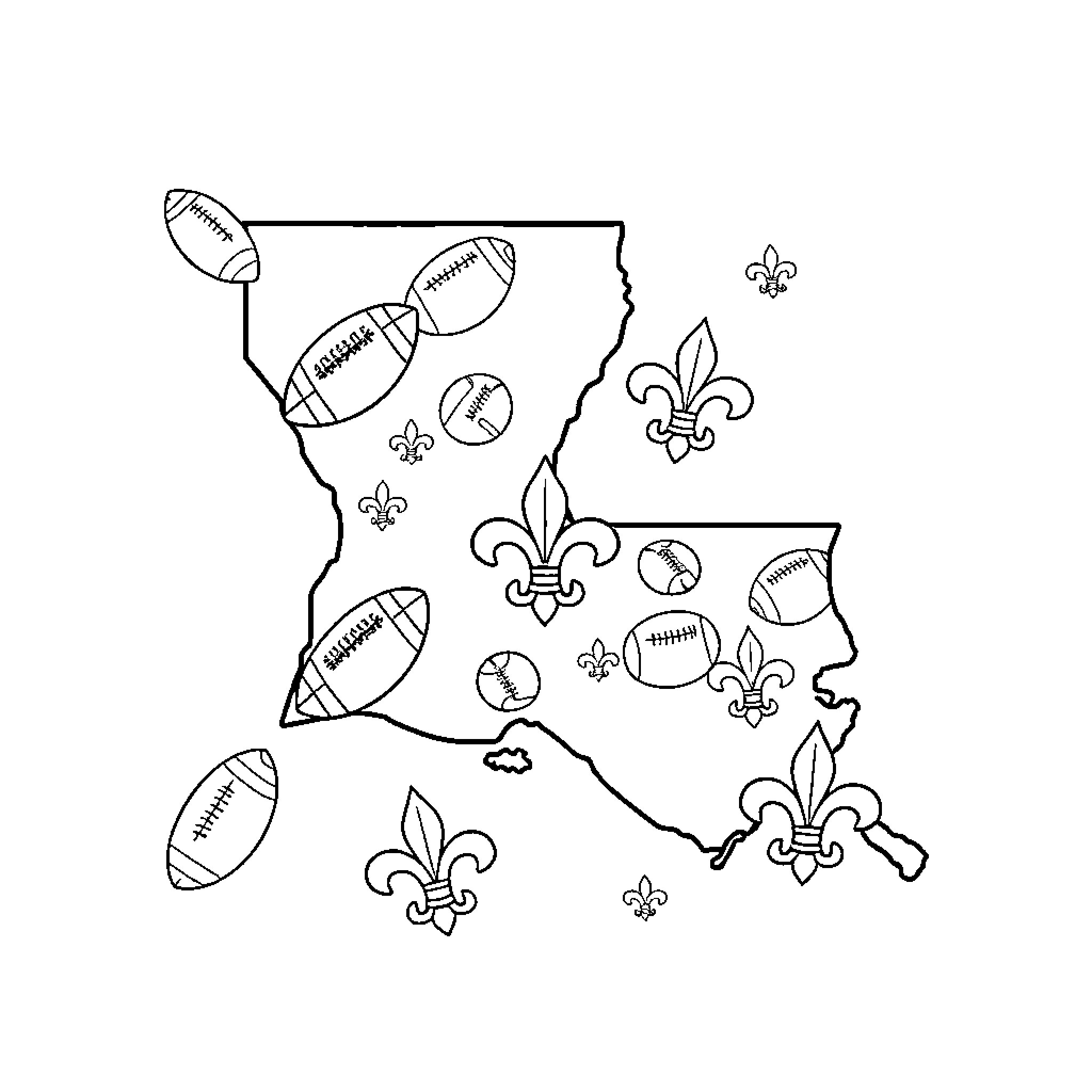 Louisiana sports and recreation icons Coloring Page (free black-and-white line drawing printable PDF for all, from beginners to advanced learners, including children, teens, adults, and seniors)