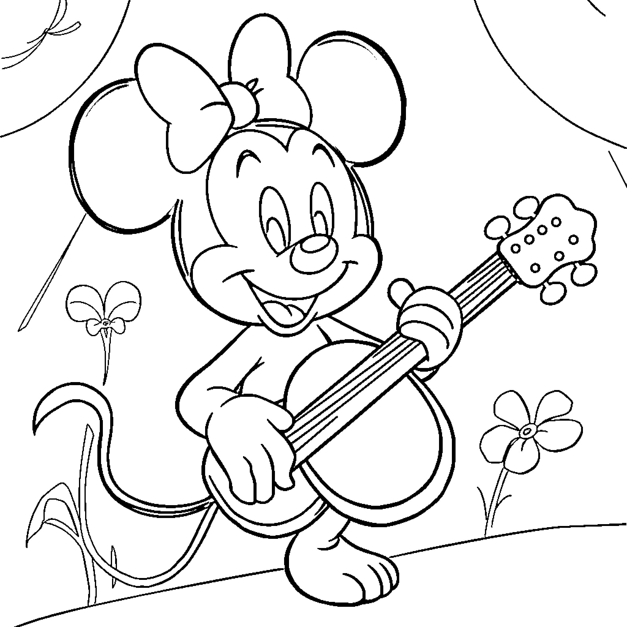 Disney Character playing guitar among flowers Coloring Page (free black-and-white line drawing printable PDF for all, from beginners to advanced learners, including children, teens, adults, and seniors)
