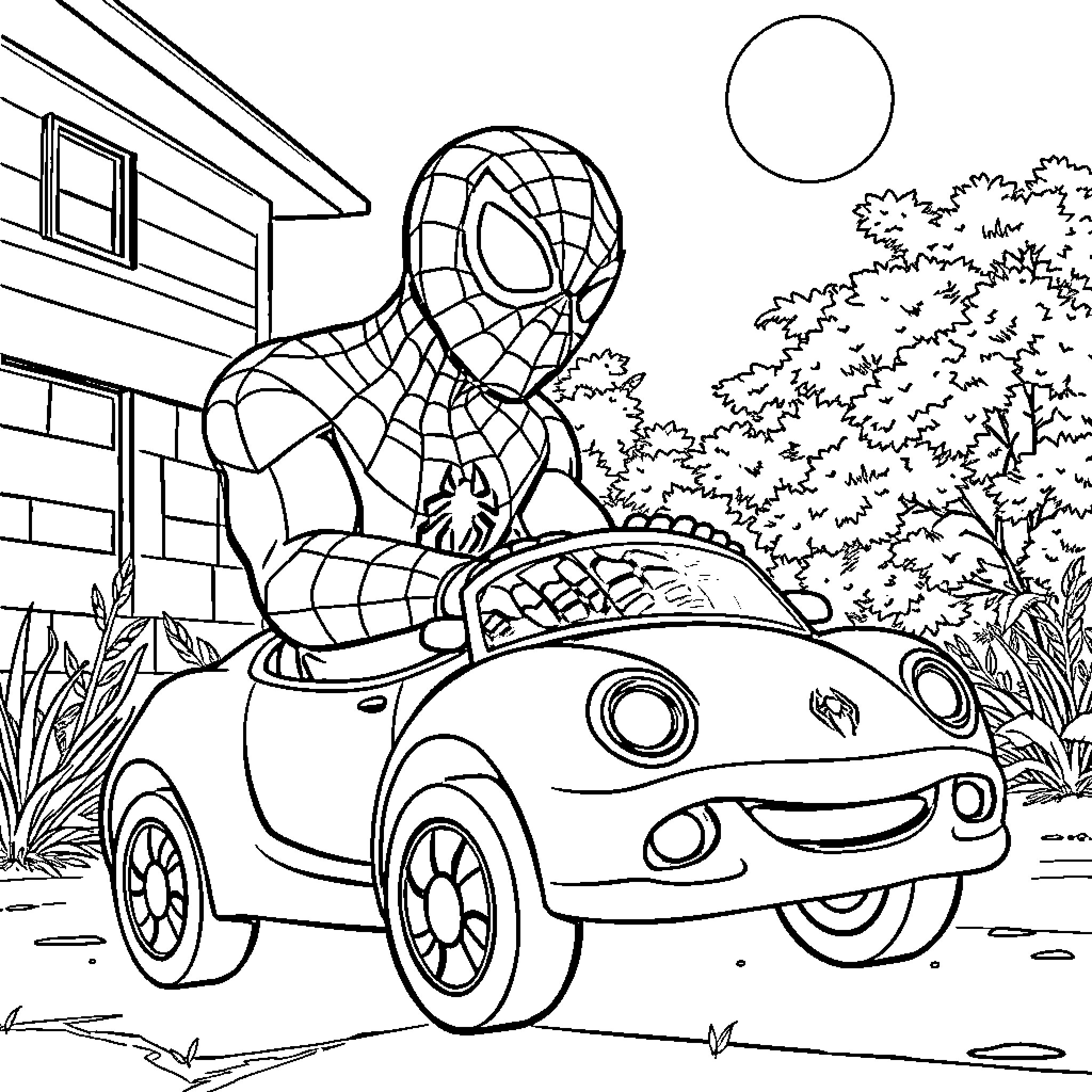 Spiderman driving a small car in the neighborhood Coloring Page (free black-and-white line drawing printable PDF for all, from beginners to advanced learners, including children, teens, adults, and seniors)