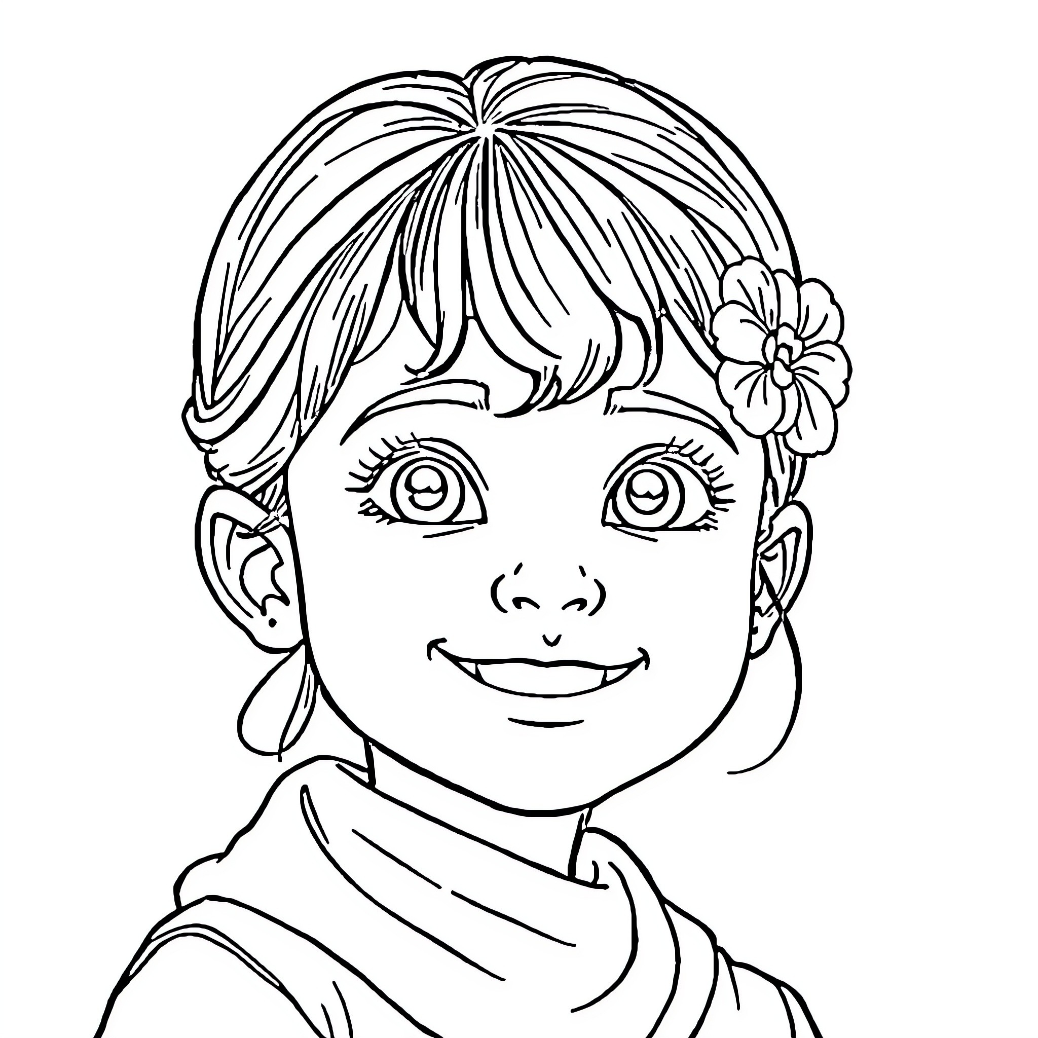 Azwa's Cheerful Expression and Flower Accessory Coloring Page (free black-and-white line drawing printable PDF for all, from beginners to advanced learners, including children, teens, adults, and seniors)