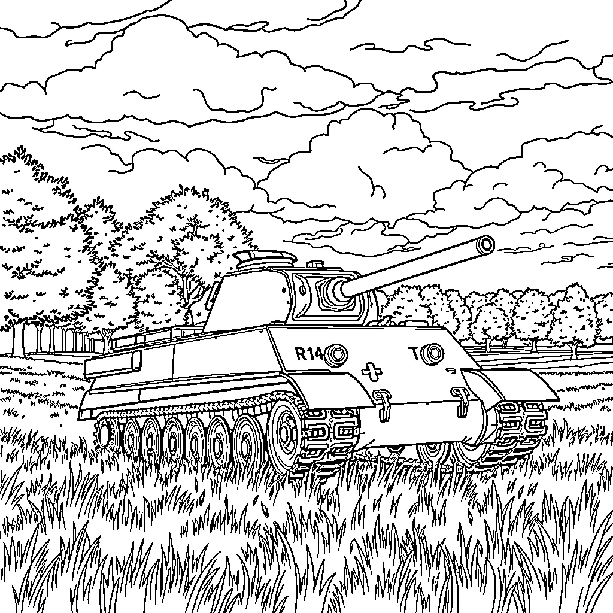 Tank Maneuvers on Grassy Battlefield Coloring Page (free black-and-white line drawing printable PDF for all, from beginners to advanced learners, including children, teens, adults, and seniors)