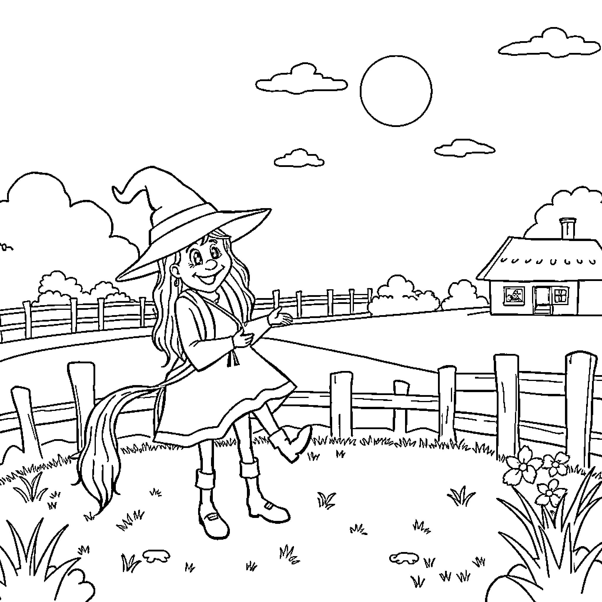 Witch walking merrily on the countryside path Coloring Page (free black-and-white line drawing printable PDF for all, from beginners to advanced learners, including children, teens, adults, and seniors)