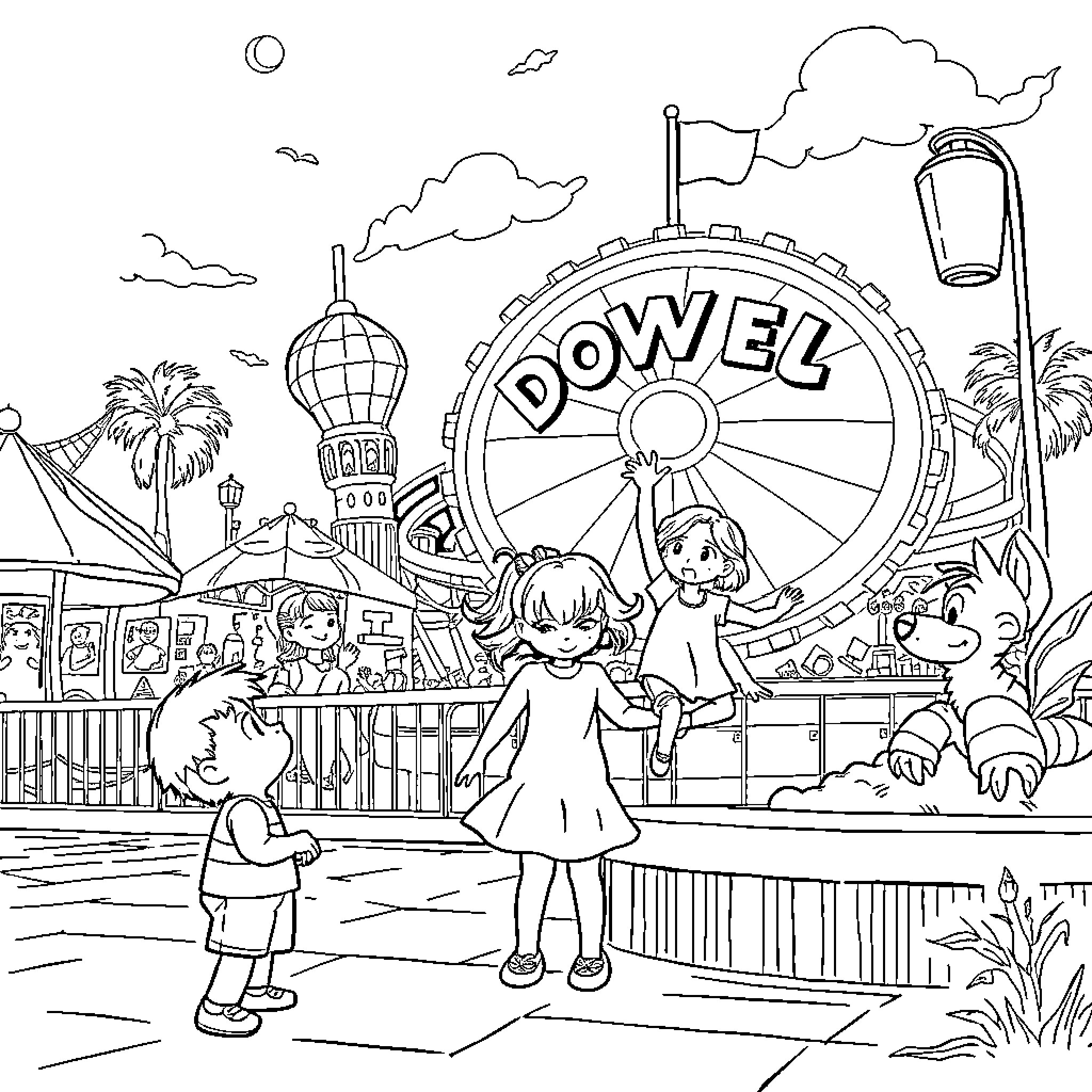 Parent and children enjoying a day at the amusement park Coloring Page (free black-and-white line drawing printable PDF for all, from beginners to advanced learners, including children, teens, adults, and seniors)