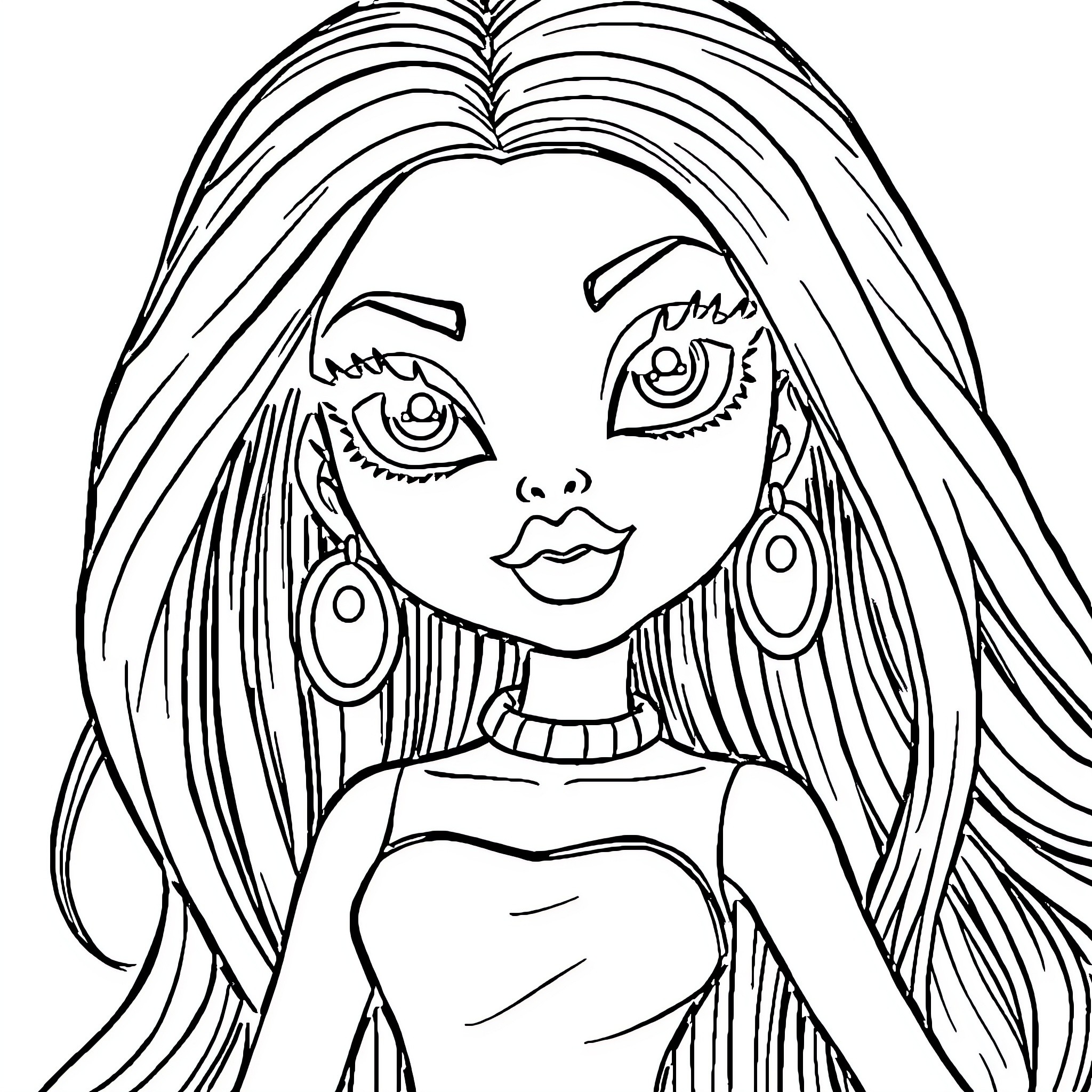 Bratz Doll with Expressive Features and Glamorous Attire Coloring Page (free black-and-white line drawing printable PDF for all, from beginners to advanced learners, including children, teens, adults, and seniors)
