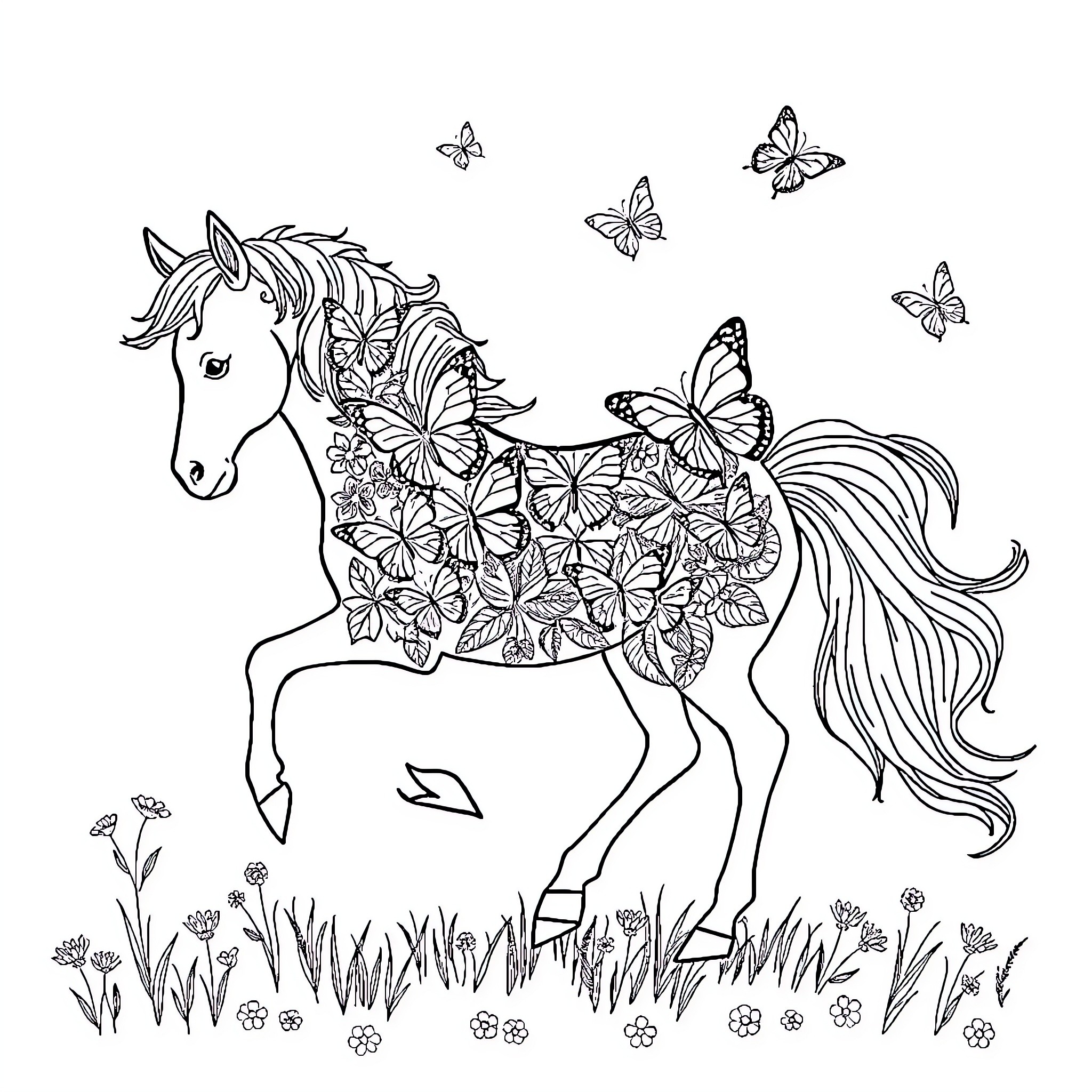 Pony frolicking among butterflies and flowers Coloring Page (free black-and-white line drawing printable PDF for all, from beginners to advanced learners, including children, teens, adults, and seniors)