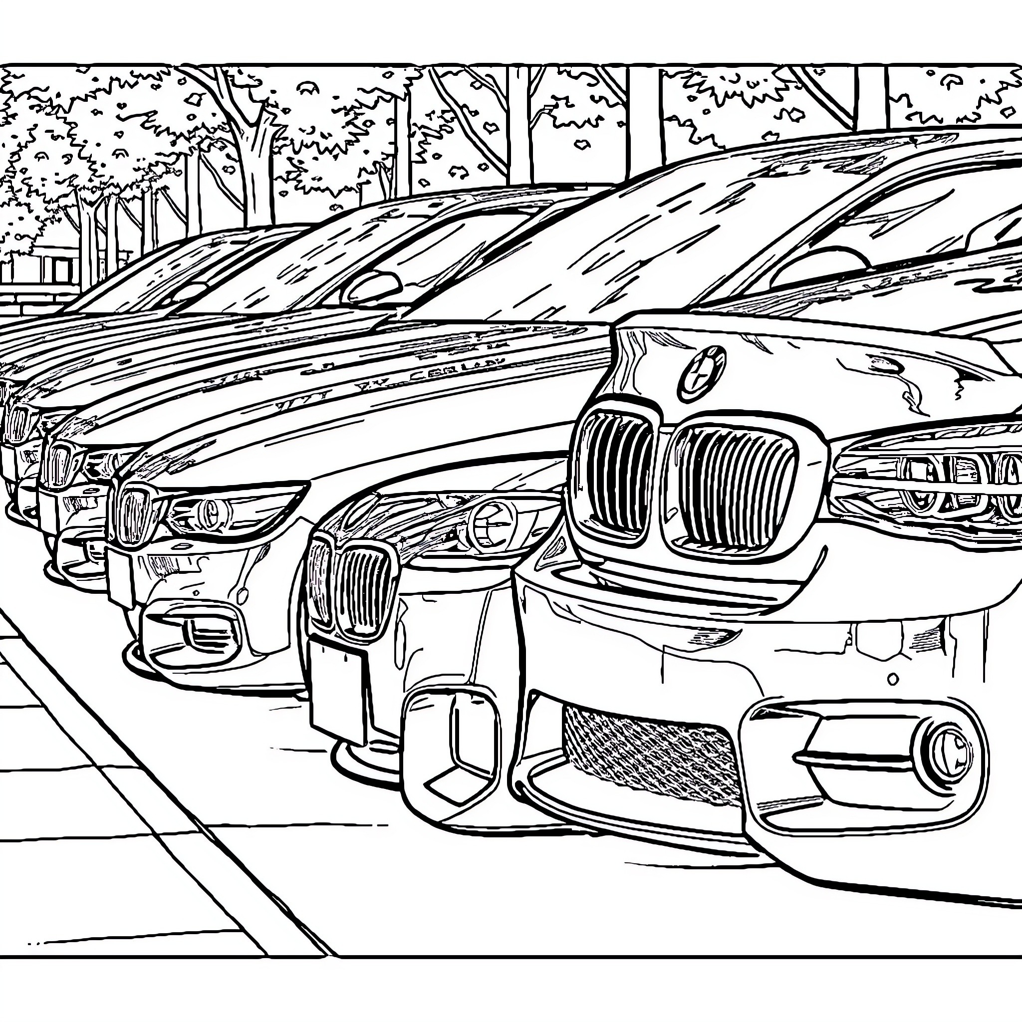 BMW luxury cars parked in natural setting Coloring Page (free black-and-white line drawing printable PDF for all, from beginners to advanced learners, including children, teens, adults, and seniors)