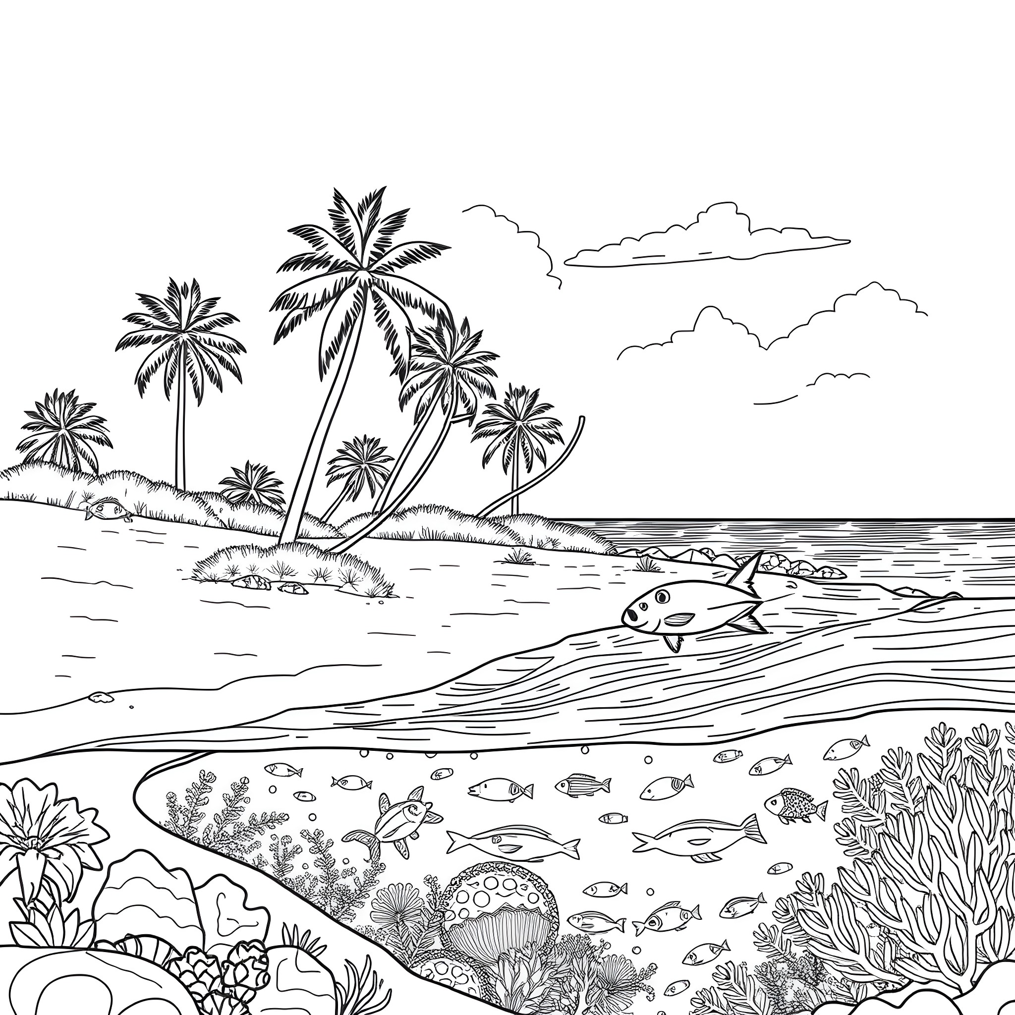 Coast with Tropical Palm Trees and Marine Life Coloring Page (free black-and-white line drawing printable PDF for all, from beginners to advanced learners, including children, teens, adults, and seniors)