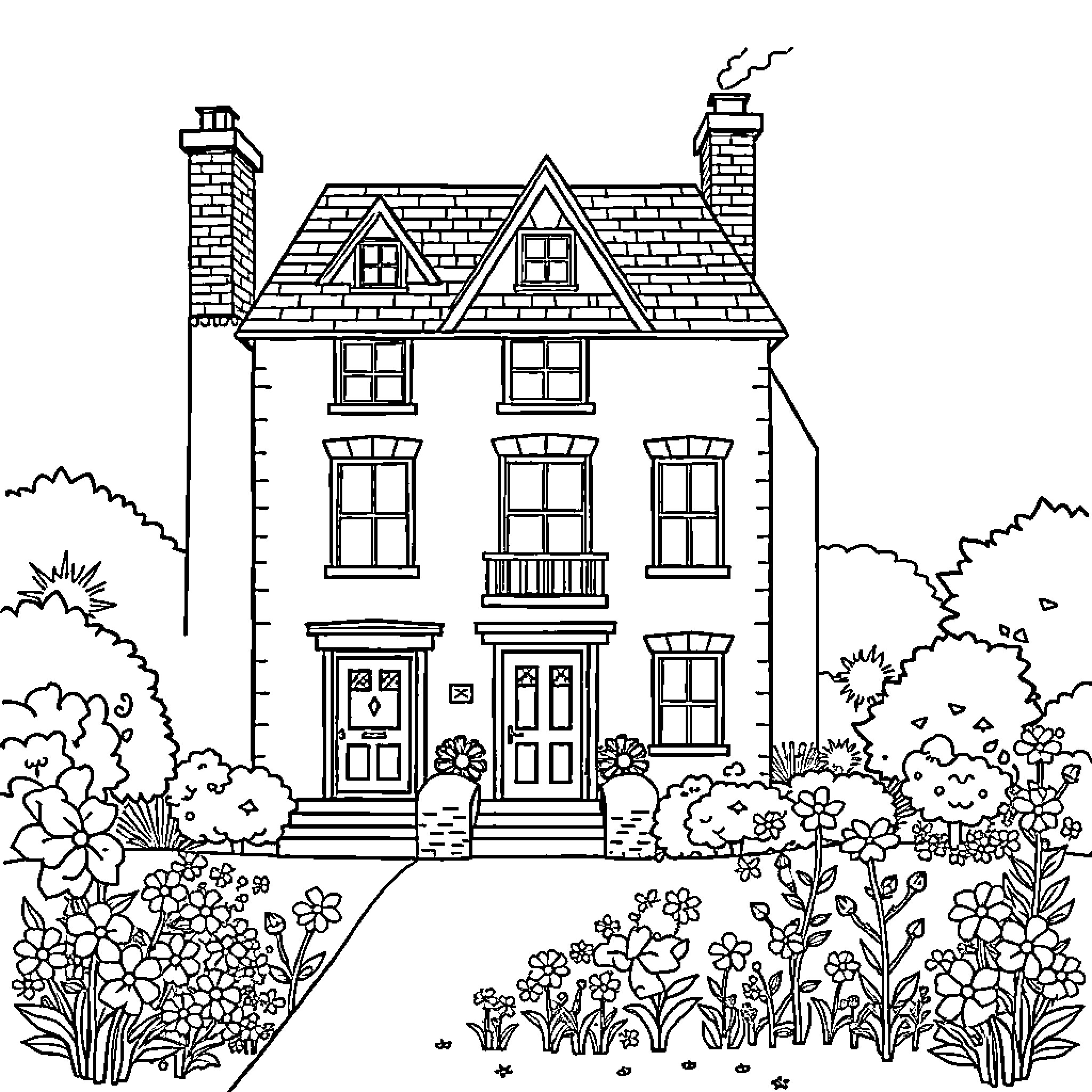 House with Charming Architectural Details and Lush Floral Surroundings Coloring Page (free black-and-white line drawing printable PDF for all, from beginners to advanced learners, including children, teens, adults, and seniors)