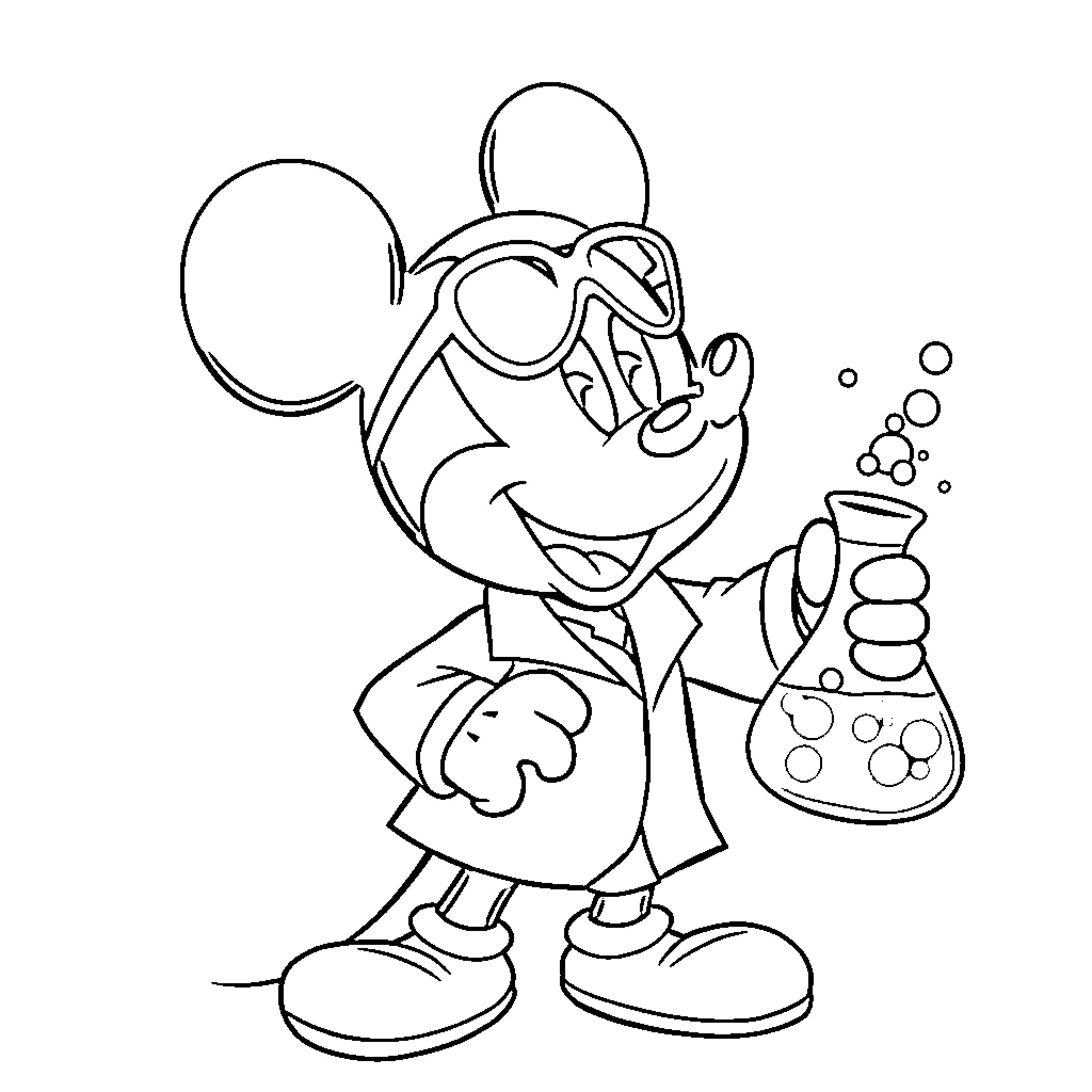Mickey Mouse Conducting Science Experiment Coloring Page (free black-and-white line drawing printable PDF for all, from beginners to advanced learners, including children, teens, adults, and seniors)