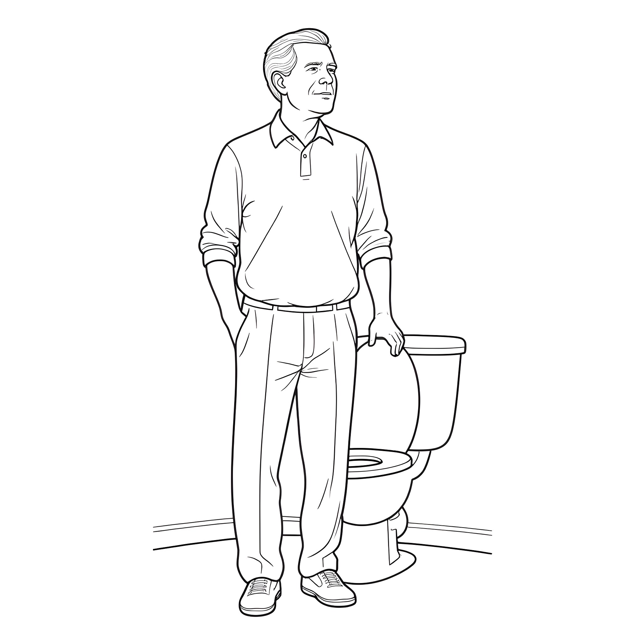 George W. Bush standing near a toilet Coloring Page (free black-and-white line drawing printable PDF for all, from beginners to advanced learners, including children, teens, adults, and seniors)