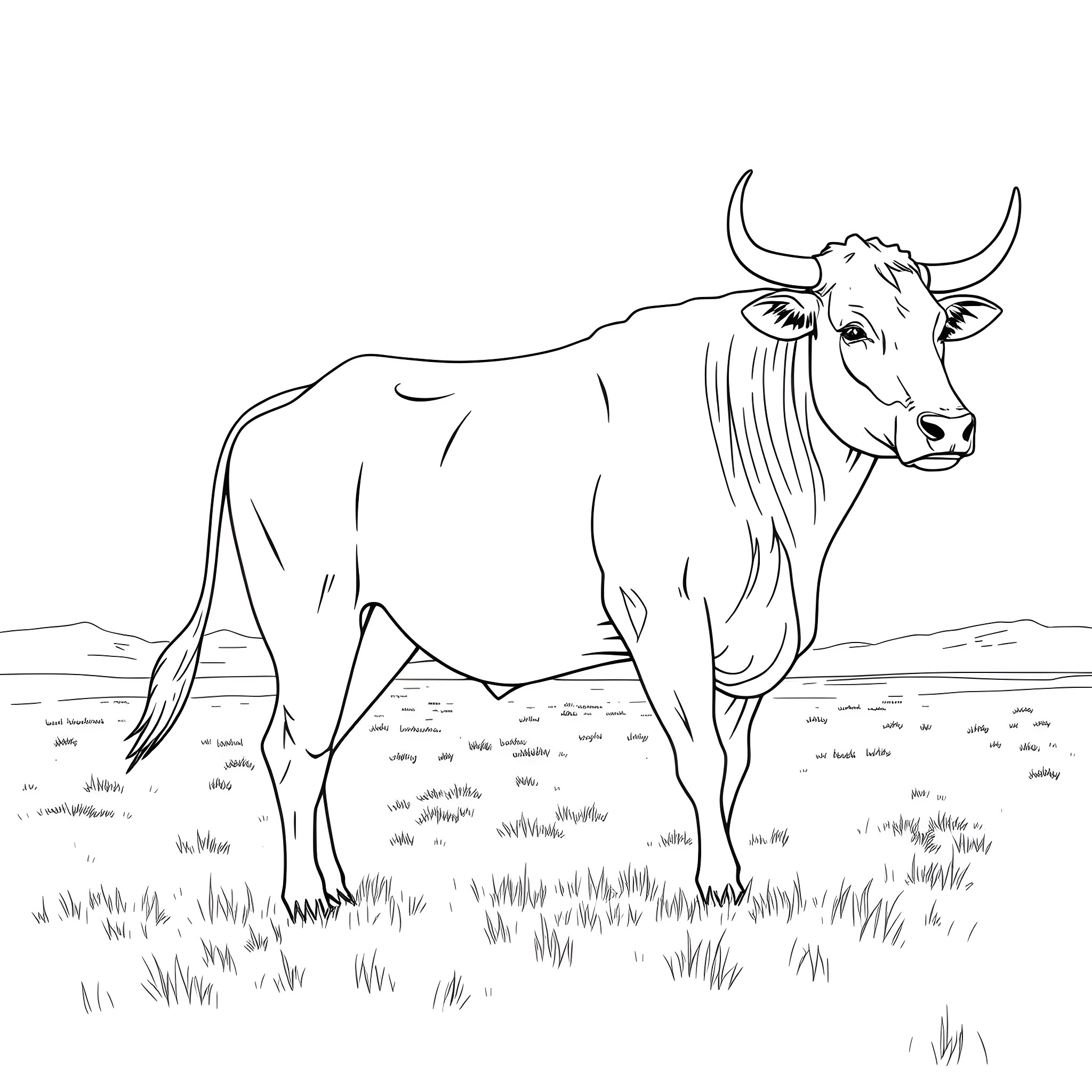 Bovinae grazing peacefully in the meadow Coloring Page (free black-and-white line drawing printable PDF for all, from beginners to advanced learners, including children, teens, adults, and seniors)