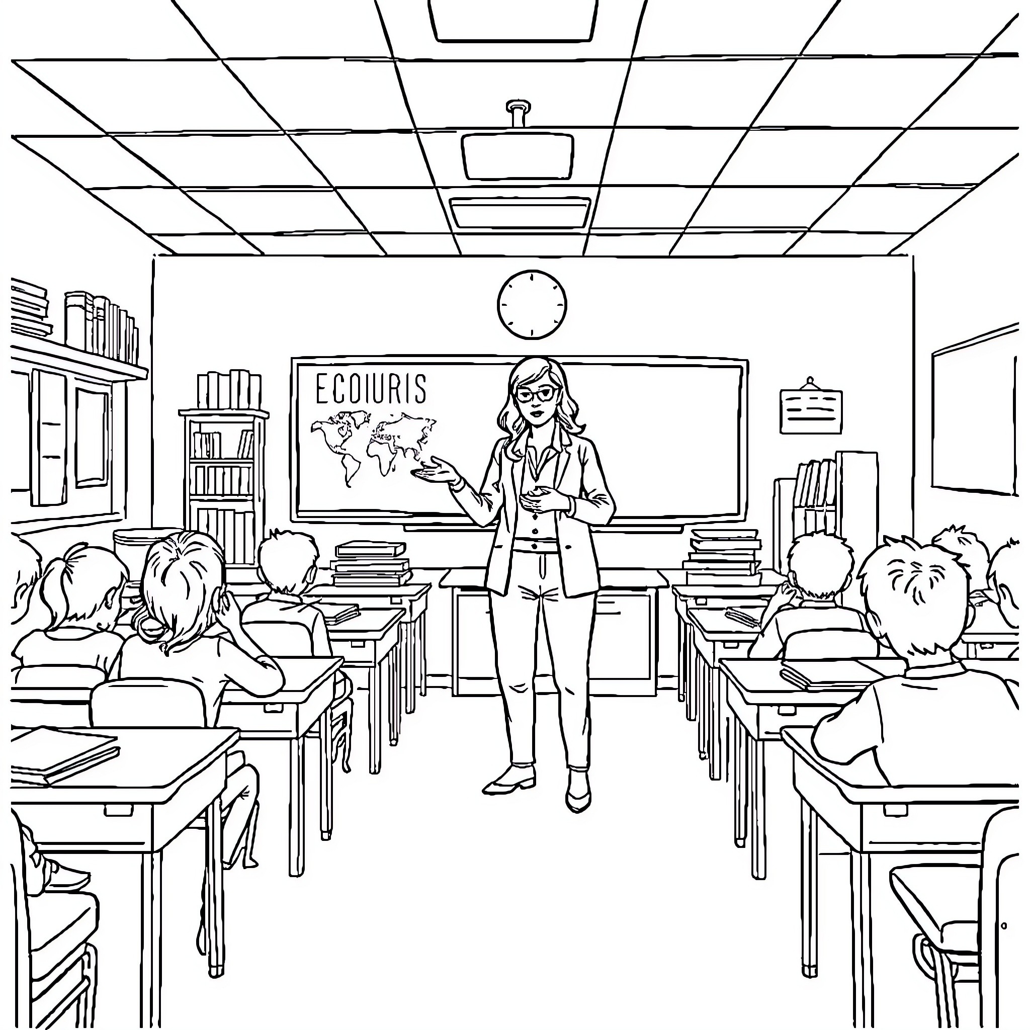 Teacher guiding students in classroom setting Coloring Page (free black-and-white line drawing printable PDF for all, from beginners to advanced learners, including children, teens, adults, and seniors)
