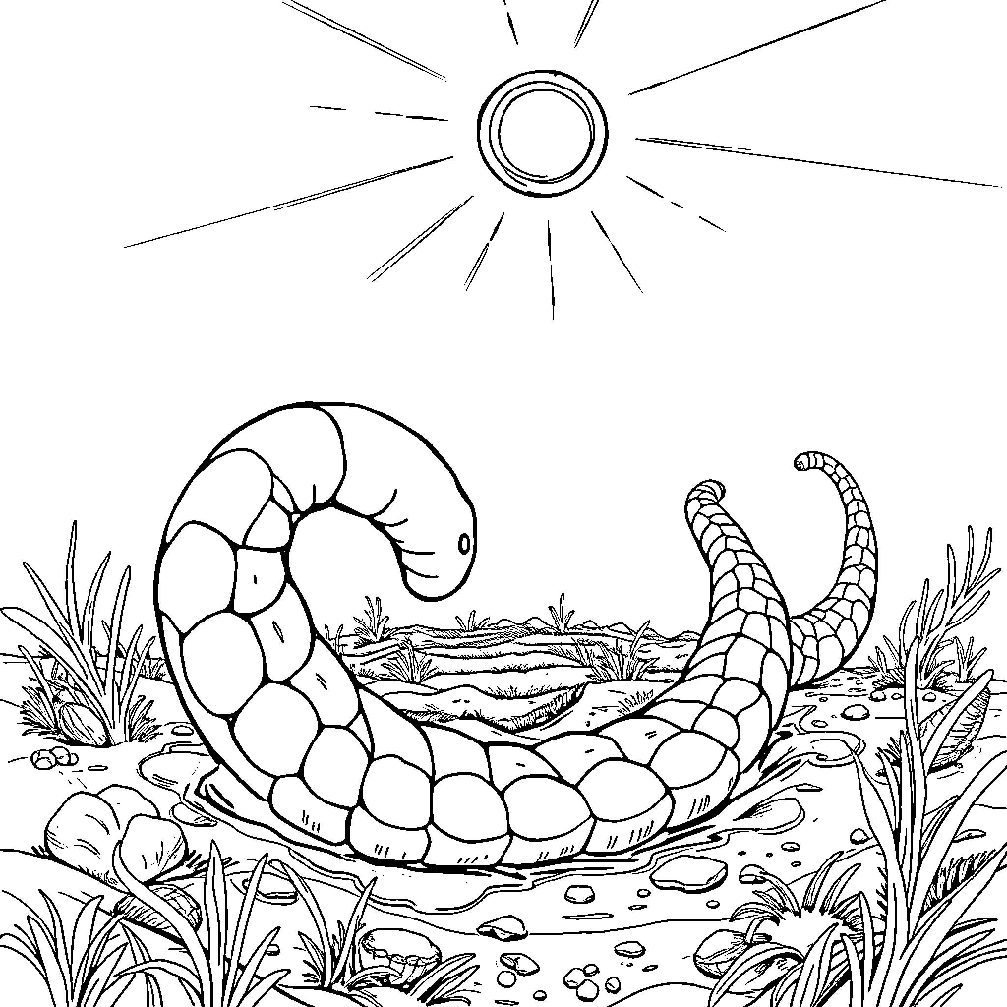 Worm crawling through a natural landscape Coloring Page (free black-and-white line drawing printable PDF for all, from beginners to advanced learners, including children, teens, adults, and seniors)