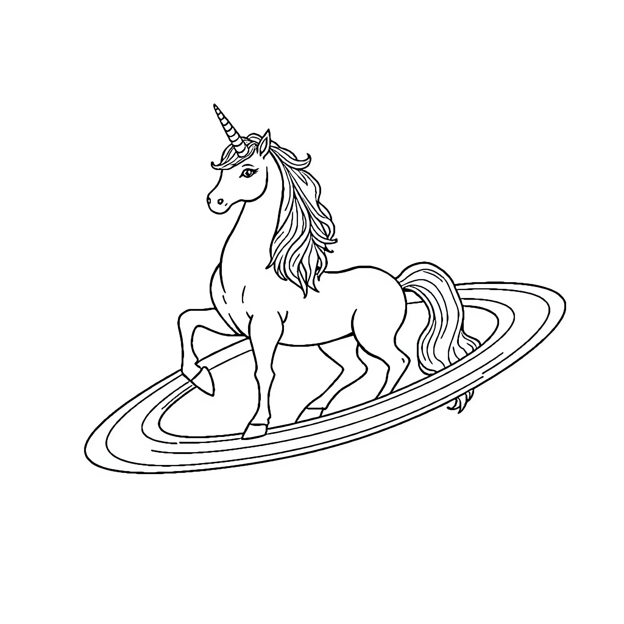 Unicorn riding a flying saucer Coloring Page (free black-and-white line drawing printable PDF for all, from beginners to advanced learners, including children, teens, adults, and seniors)