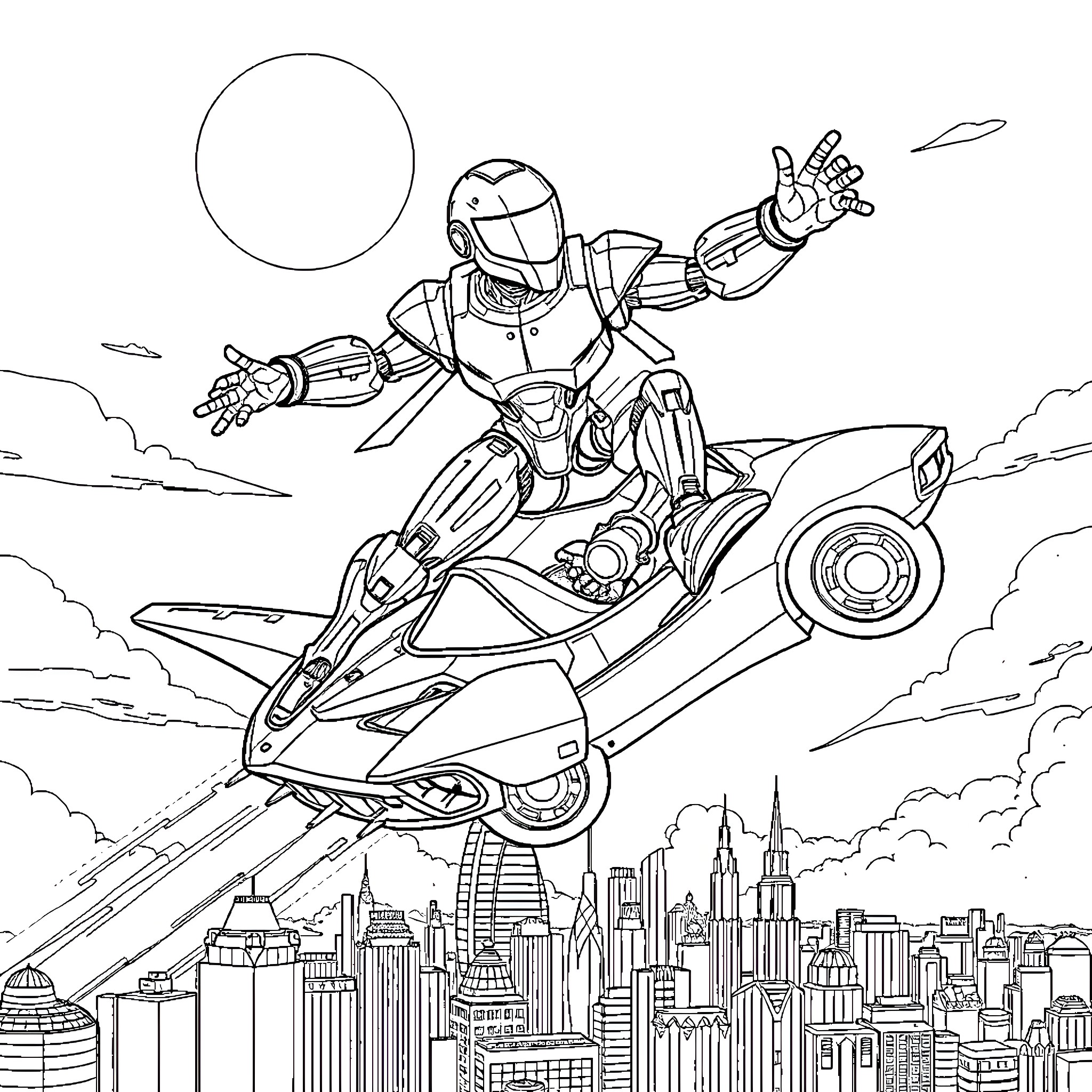 Robot Soaring Through the Skies Above the City Coloring Page (free black-and-white line drawing printable PDF for all, from beginners to advanced learners, including children, teens, adults, and seniors)