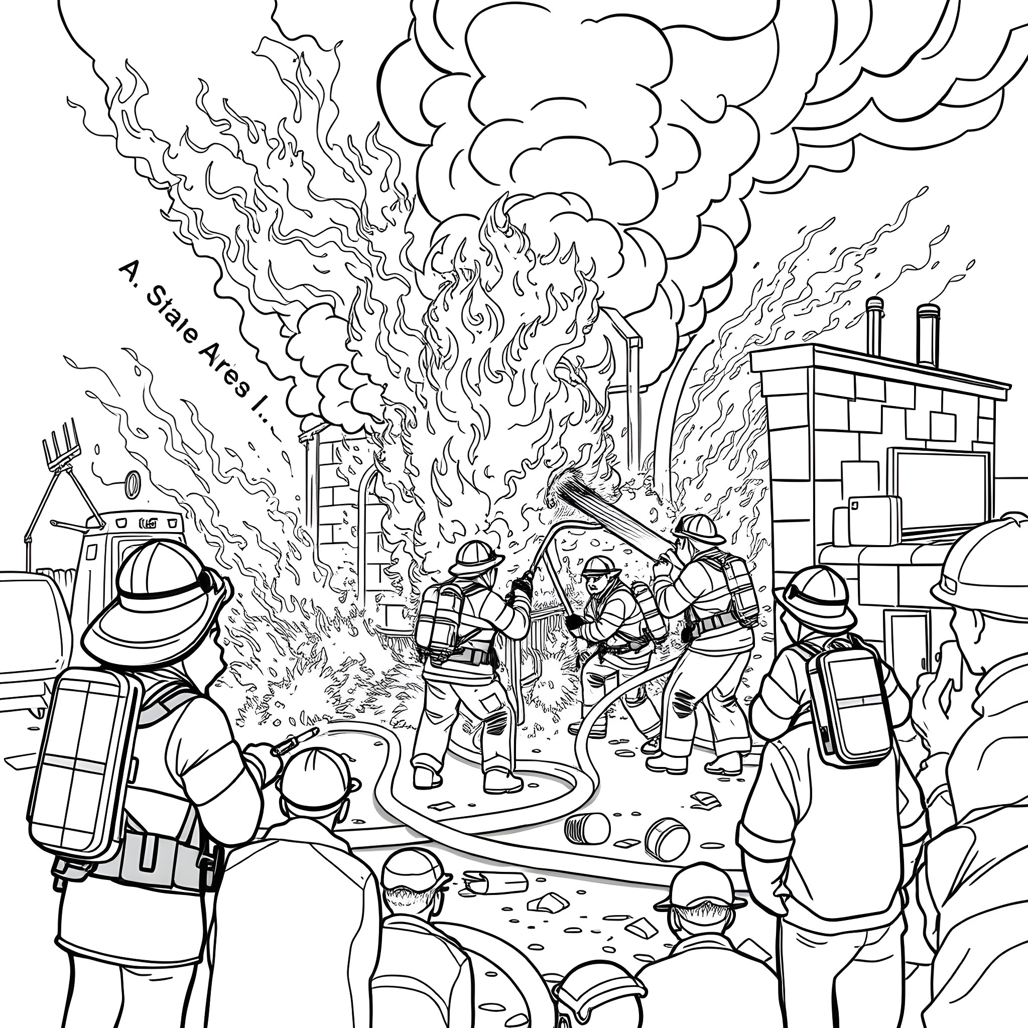 Firefighters battling a blaze at an industrial site Coloring Page (free black-and-white line drawing printable PDF for all, from beginners to advanced learners, including children, teens, adults, and seniors)