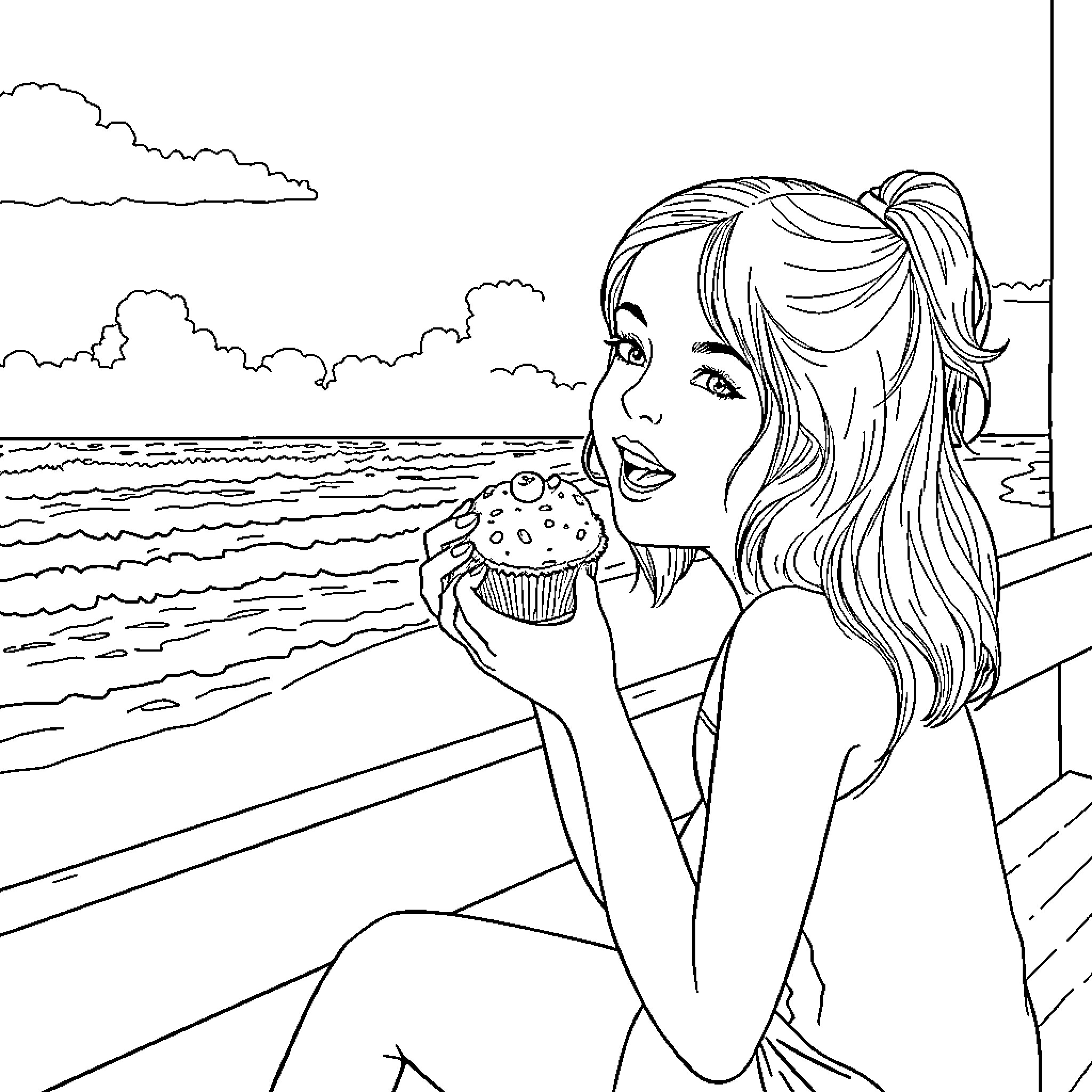 Girl enjoying a cupcake by the sea Coloring Page (free black-and-white line drawing printable PDF for all, from beginners to advanced learners, including children, teens, adults, and seniors)