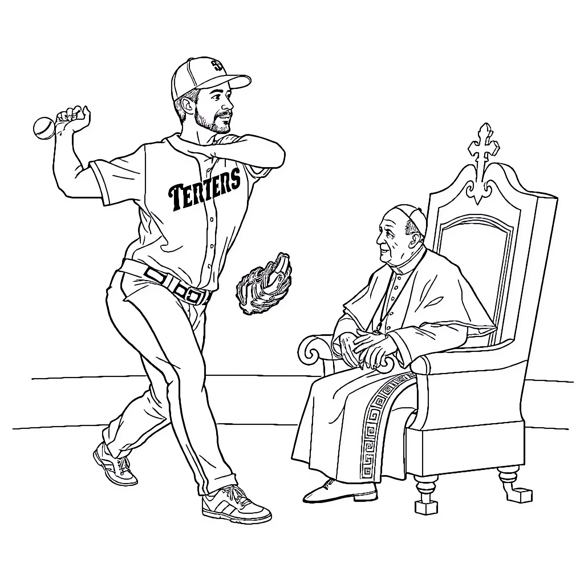 Justin Verlander playing baseball with a team official Coloring Page (free black-and-white line drawing printable PDF for all, from beginners to advanced learners, including children, teens, adults, and seniors)