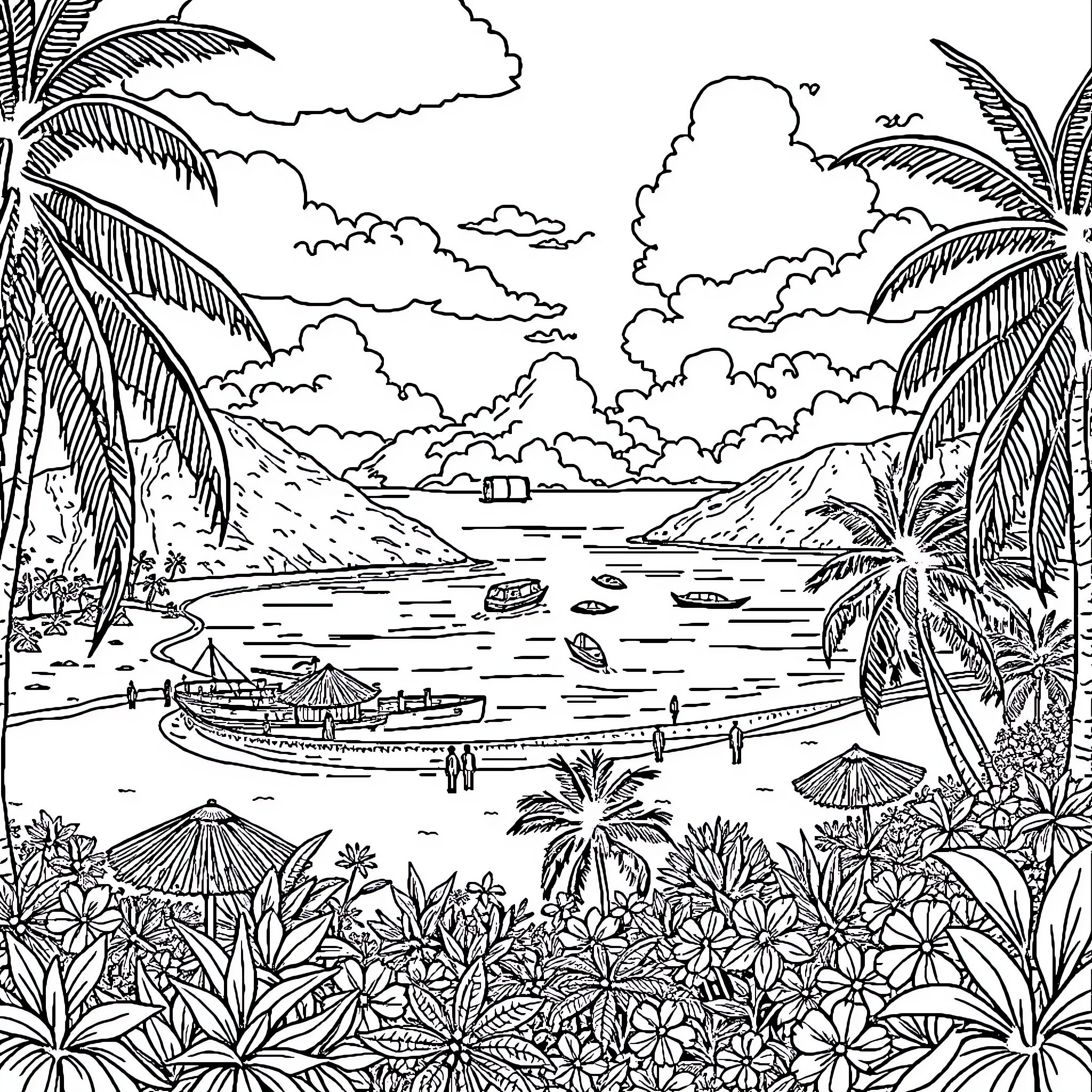 Trinidad and Tobago tropical paradise scene Coloring Page (free black-and-white line drawing printable PDF for all, from beginners to advanced learners, including children, teens, adults, and seniors)