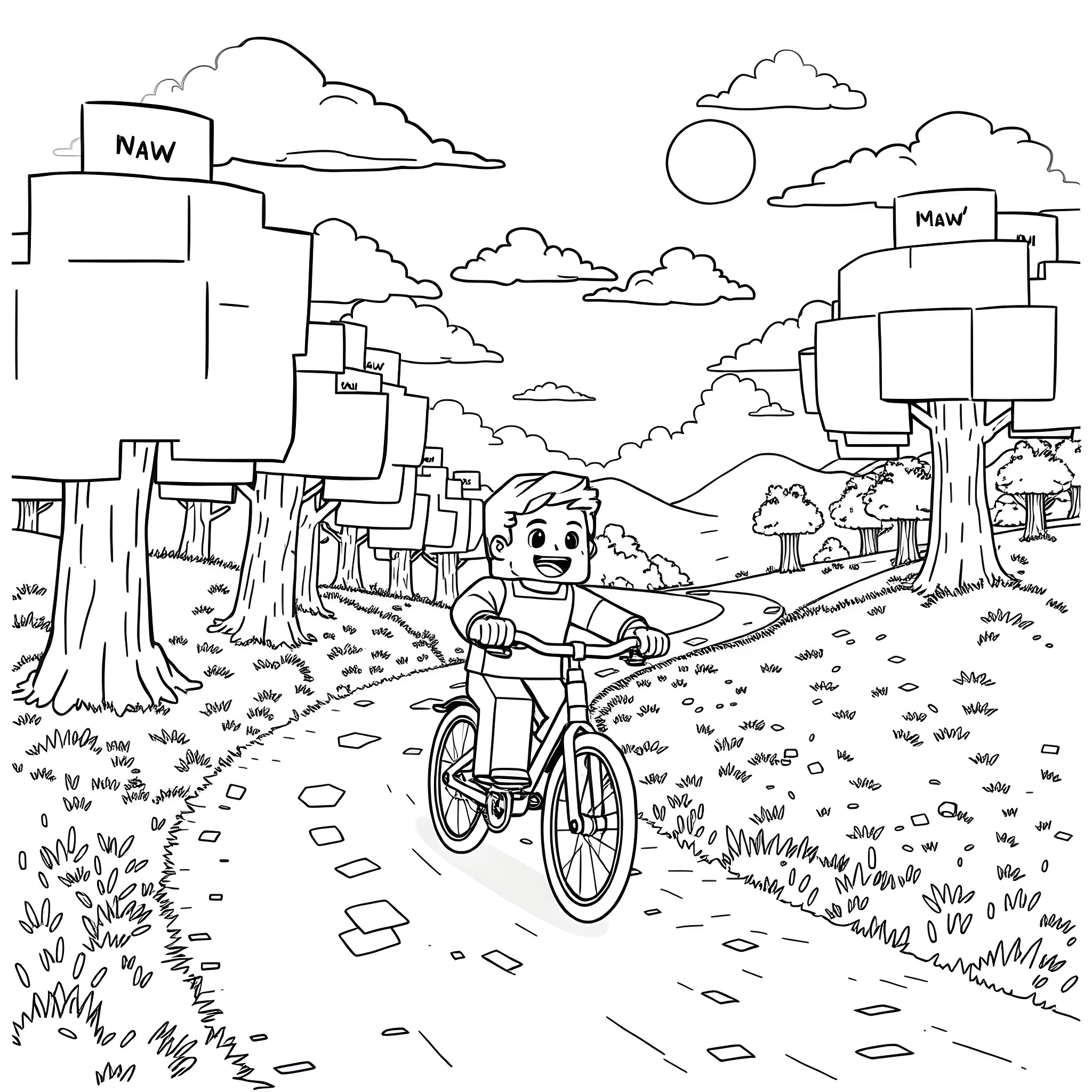 Steve riding his bicycle on a nature trail Coloring Page (free black-and-white line drawing printable PDF for all, from beginners to advanced learners, including children, teens, adults, and seniors)