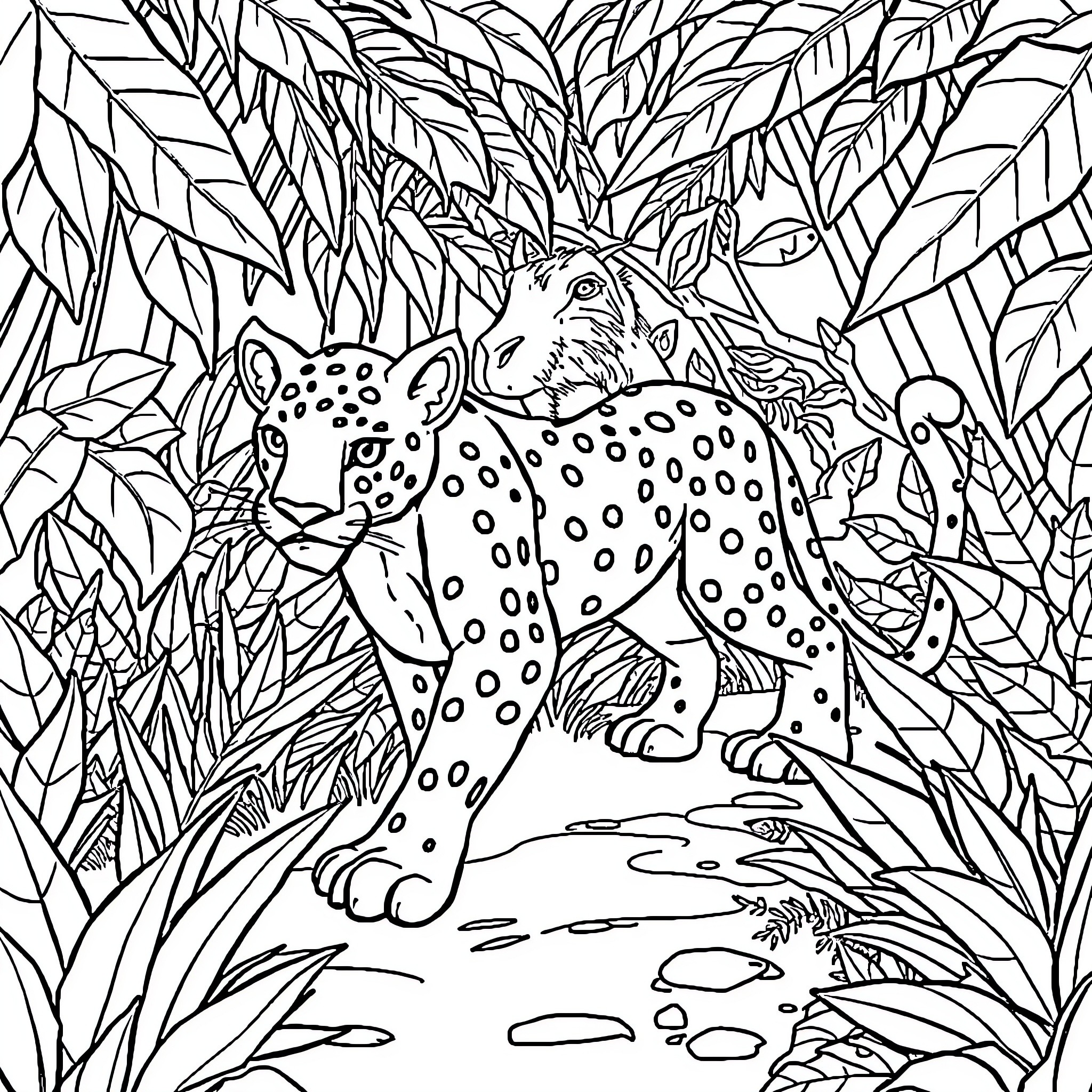 Pink Panther Exploring the Lush Jungle Coloring Page (free black-and-white line drawing printable PDF for all, from beginners to advanced learners, including children, teens, adults, and seniors)