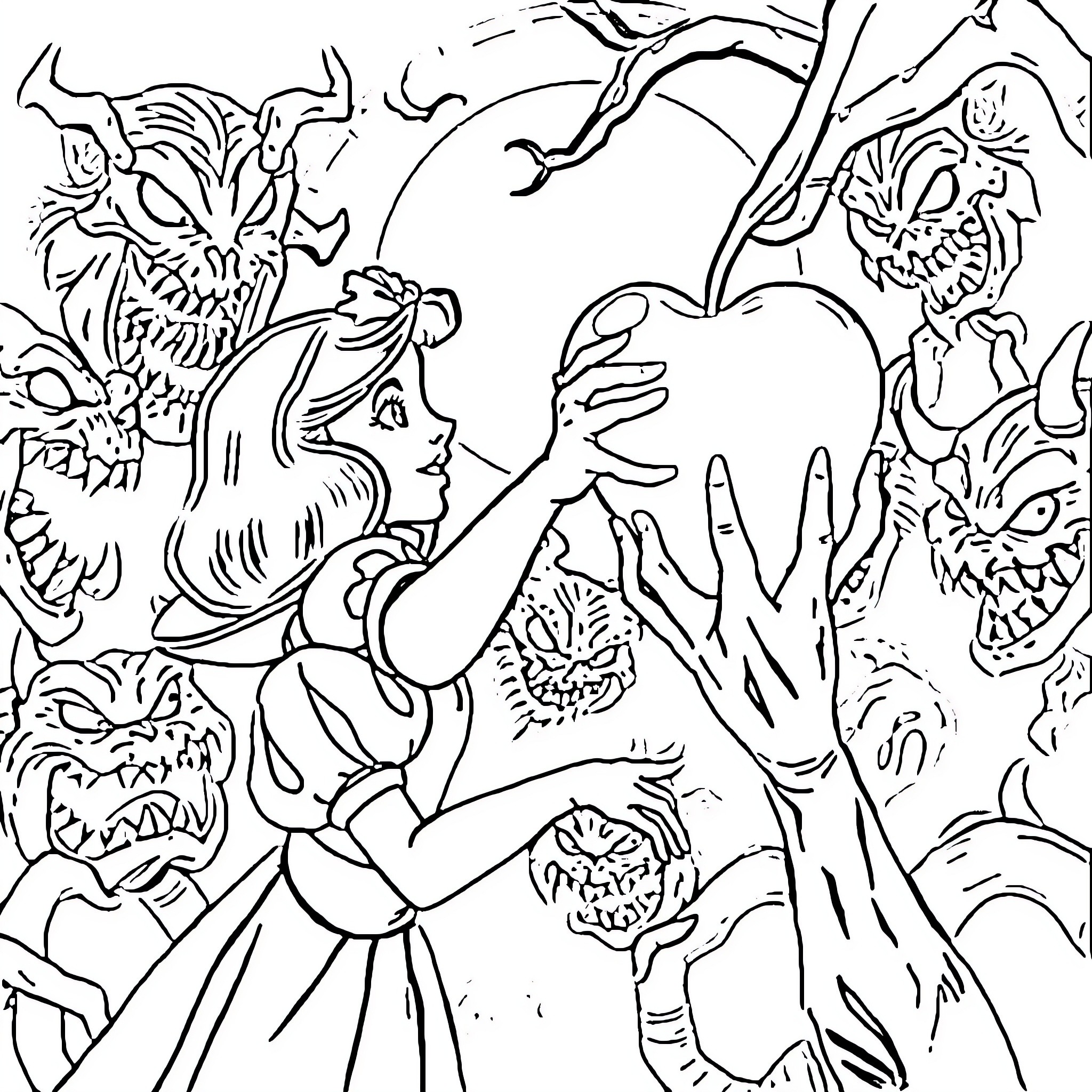 Snow White surrounded by fantastical creatures Coloring Page (free black-and-white line drawing printable PDF for all, from beginners to advanced learners, including children, teens, adults, and seniors)