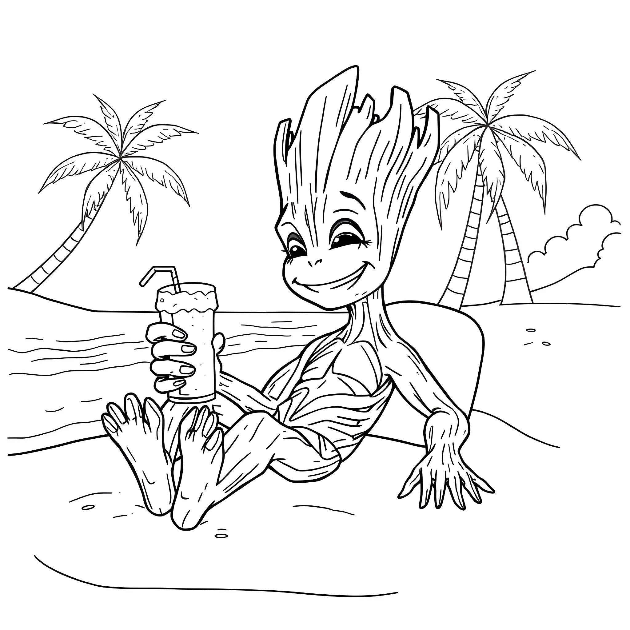 Groot enjoying a tropical vacation Coloring Page (free black-and-white line drawing printable PDF for all, from beginners to advanced learners, including children, teens, adults, and seniors)