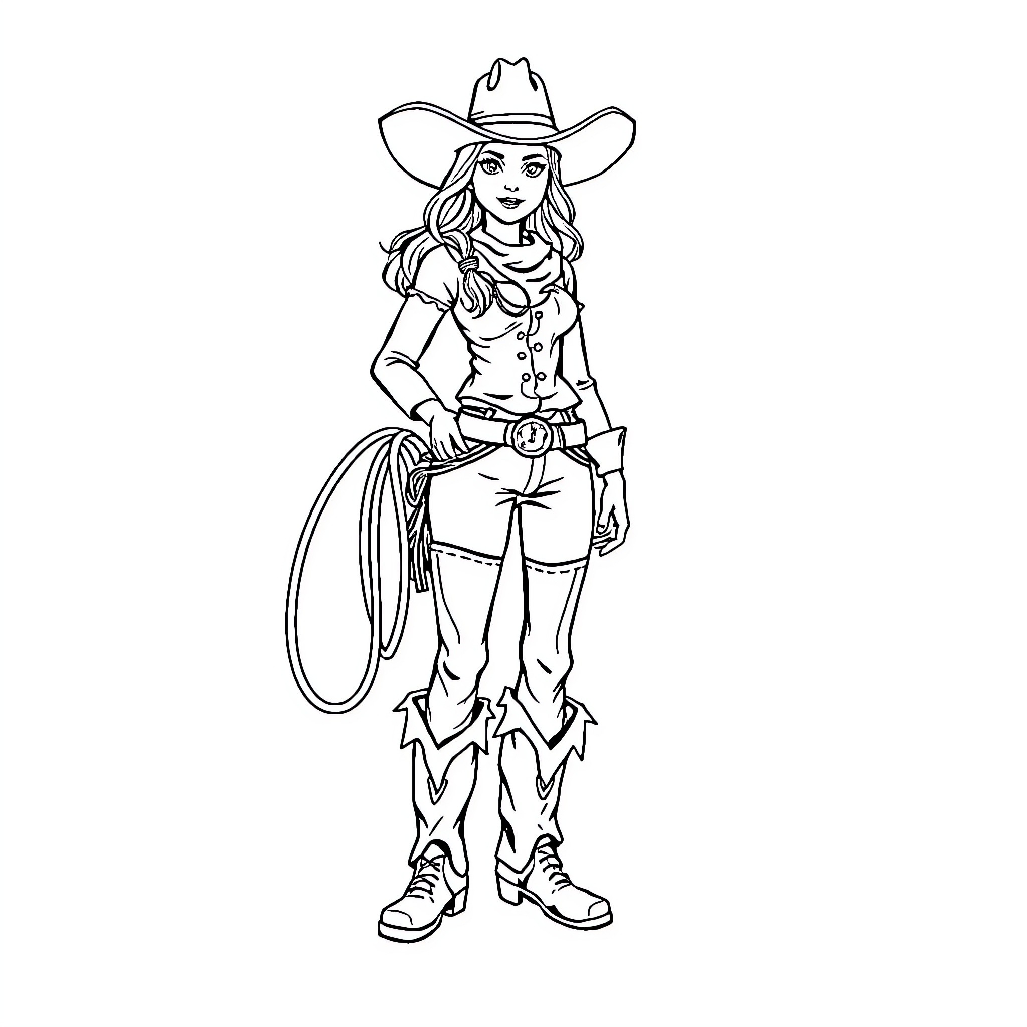 Cowgirl holding a lasso in western outfit Coloring Page (free black-and-white line drawing printable PDF for all, from beginners to advanced learners, including children, teens, adults, and seniors)