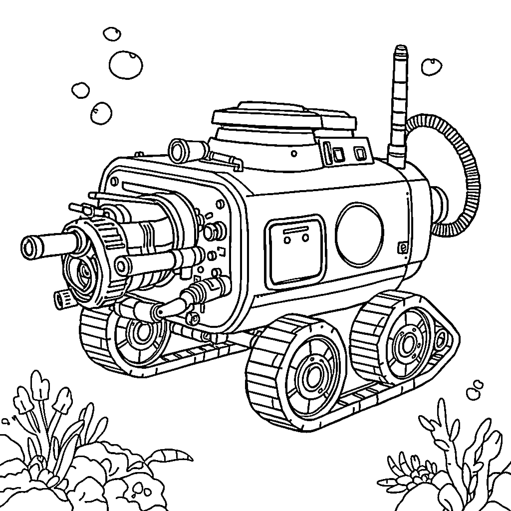 ROV Exploring Underwater Terrain Coloring Page (free black-and-white line drawing printable PDF for all, from beginners to advanced learners, including children, teens, adults, and seniors)