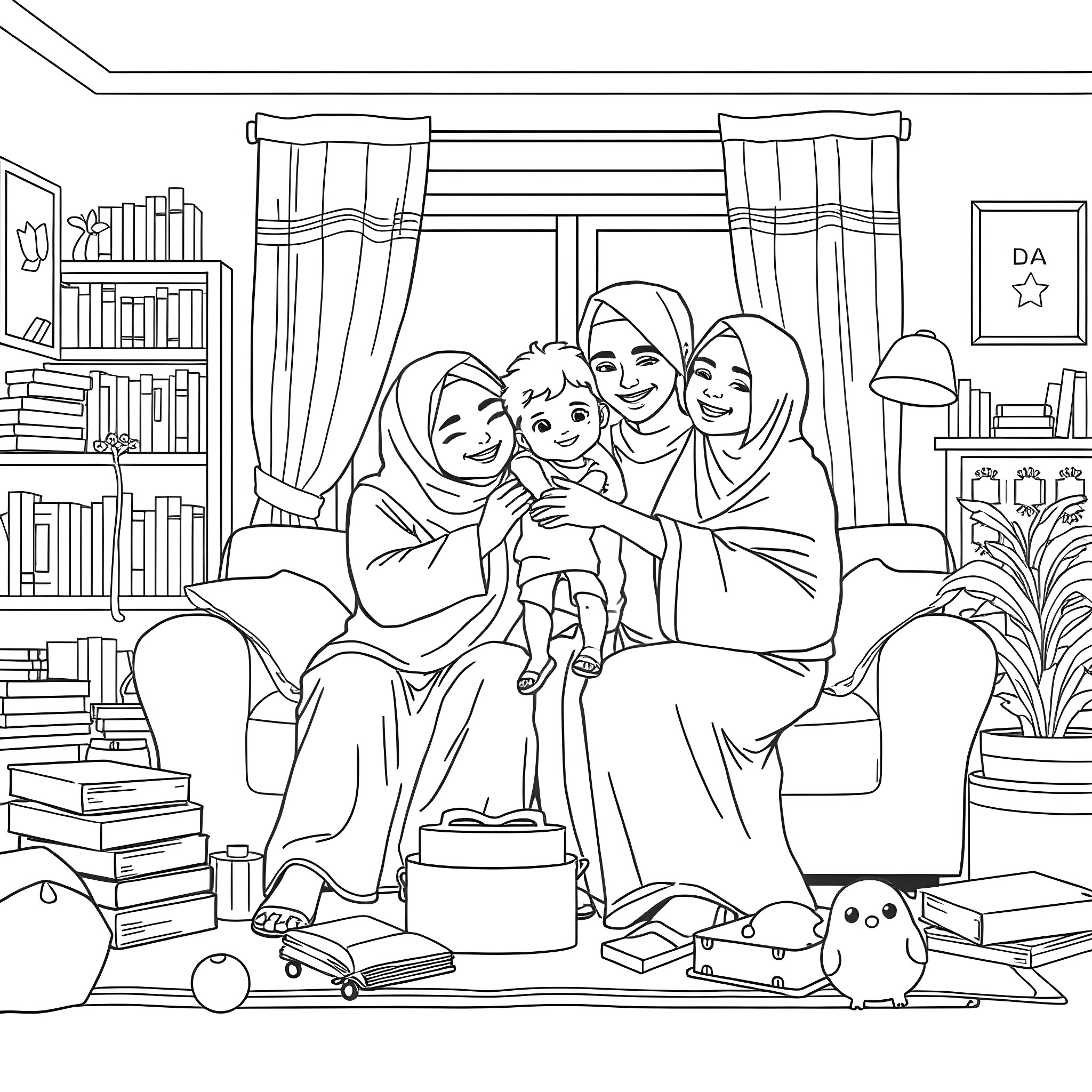 Family sharing a joyful moment at home Coloring Page (free black-and-white line drawing printable PDF for all, from beginners to advanced learners, including children, teens, adults, and seniors)