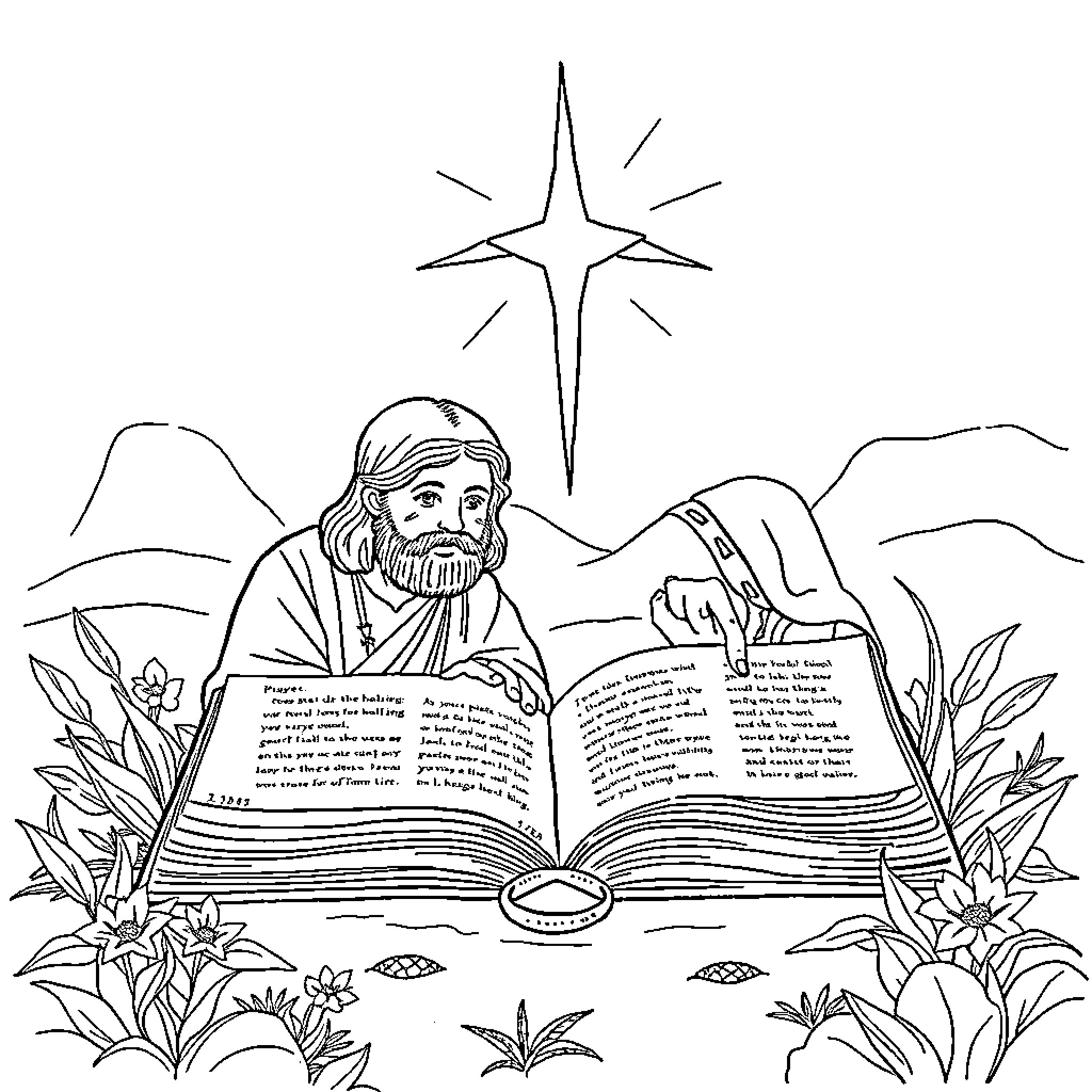Book of wisdom and enlightenment in the wilderness Coloring Page (free black-and-white line drawing printable PDF for all, from beginners to advanced learners, including children, teens, adults, and seniors)