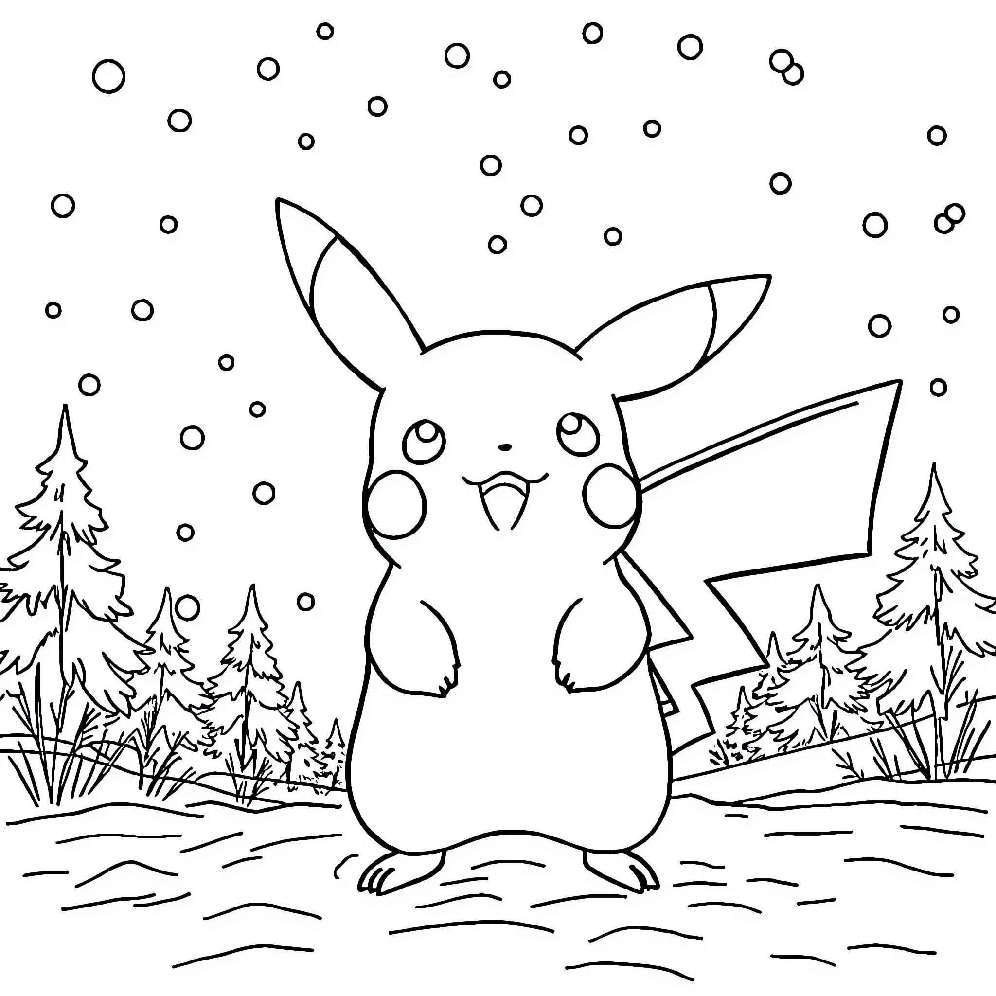 Pikachu playing in a snowy forest Coloring Page (free black-and-white line drawing printable PDF for all, from beginners to advanced learners, including children, teens, adults, and seniors)