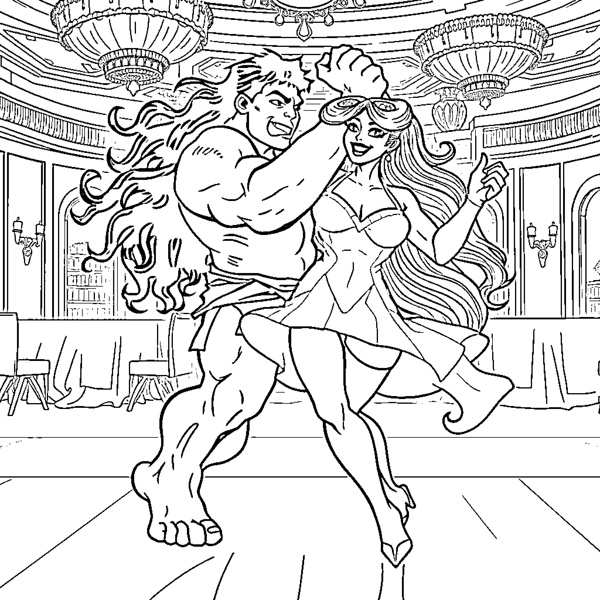 Hulk dancing with female companion in grand hall Coloring Page (free black-and-white line drawing printable PDF for all, from beginners to advanced learners, including children, teens, adults, and seniors)