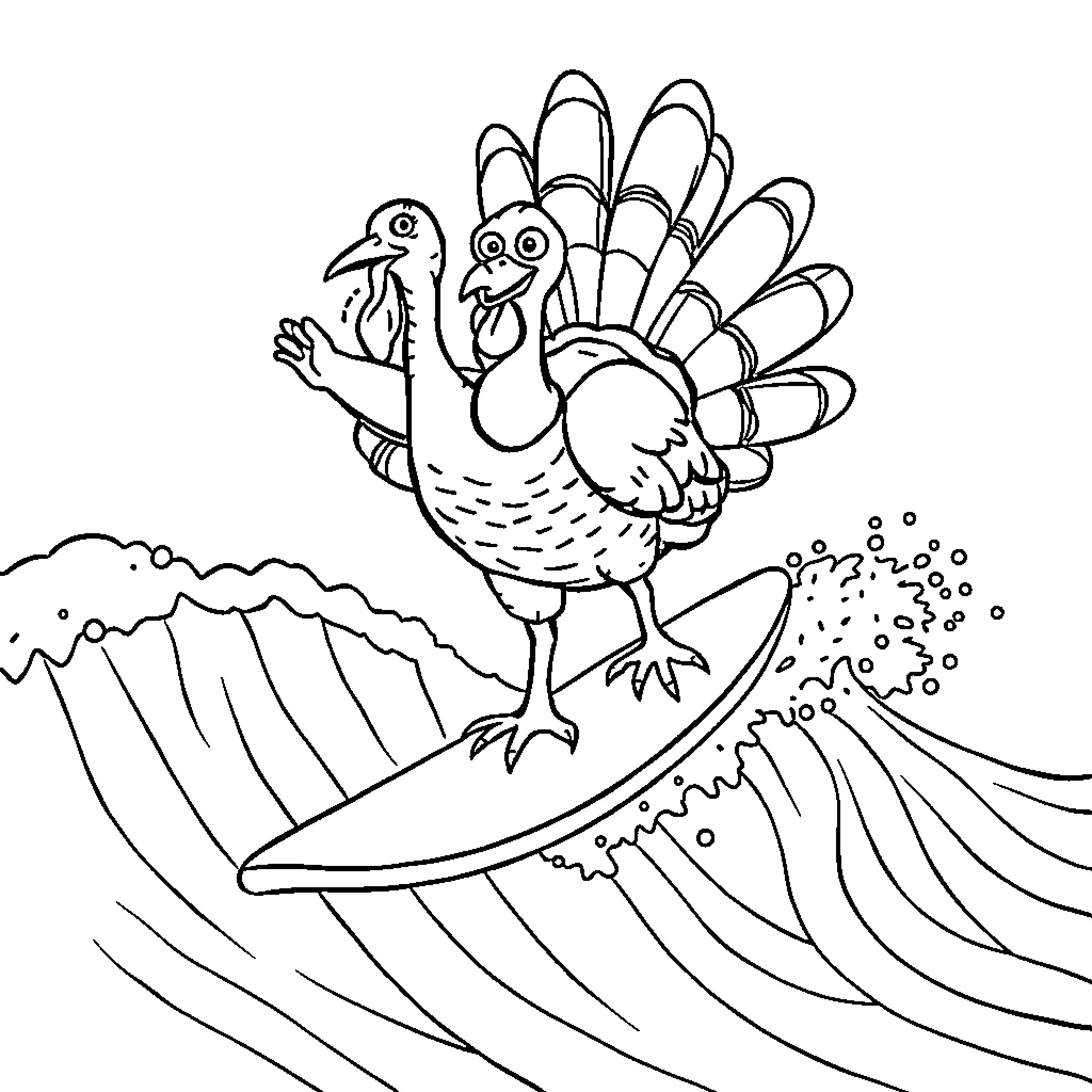 Turkey dancing in a joyful scene Coloring Page (free black-and-white line drawing printable PDF for all, from beginners to advanced learners, including children, teens, adults, and seniors)