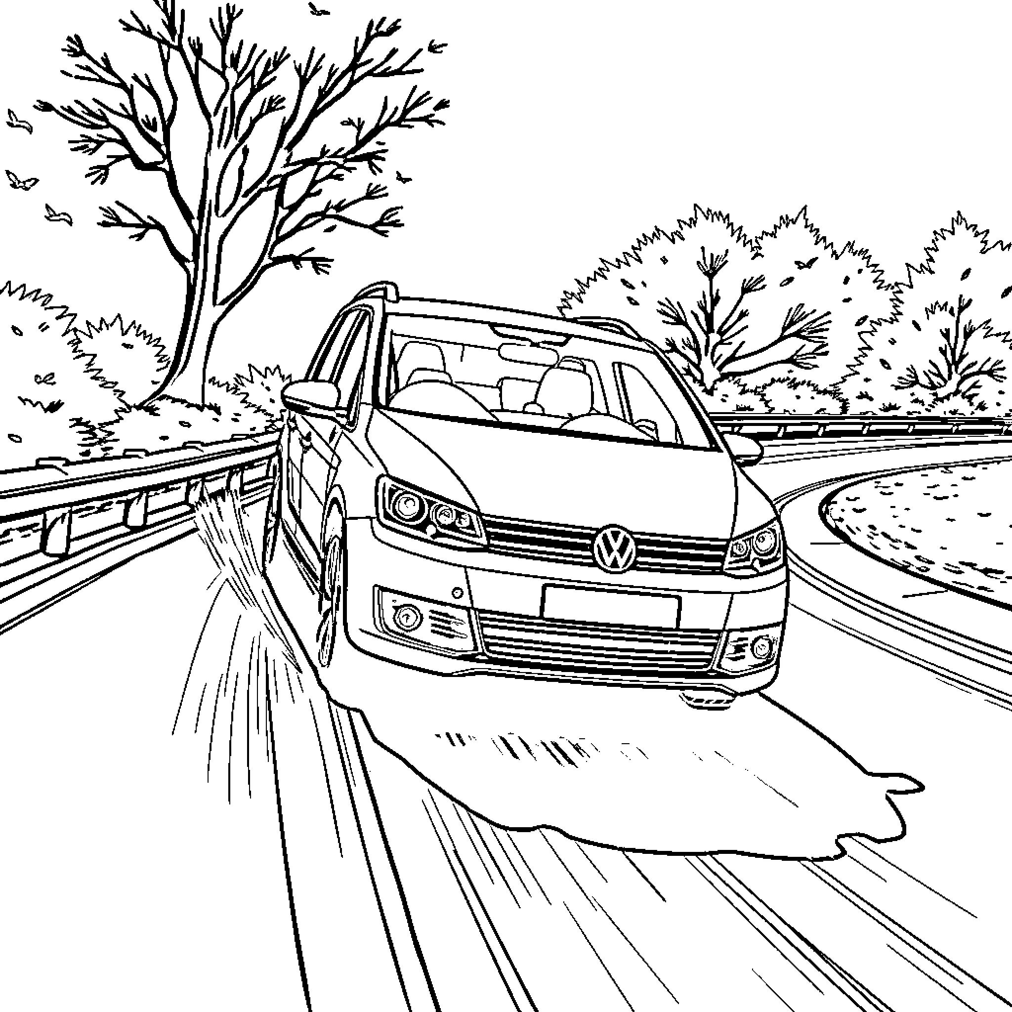 VW Touran driving on a road amidst trees and nature Coloring Page (free black-and-white line drawing printable PDF for all, from beginners to advanced learners, including children, teens, adults, and seniors)