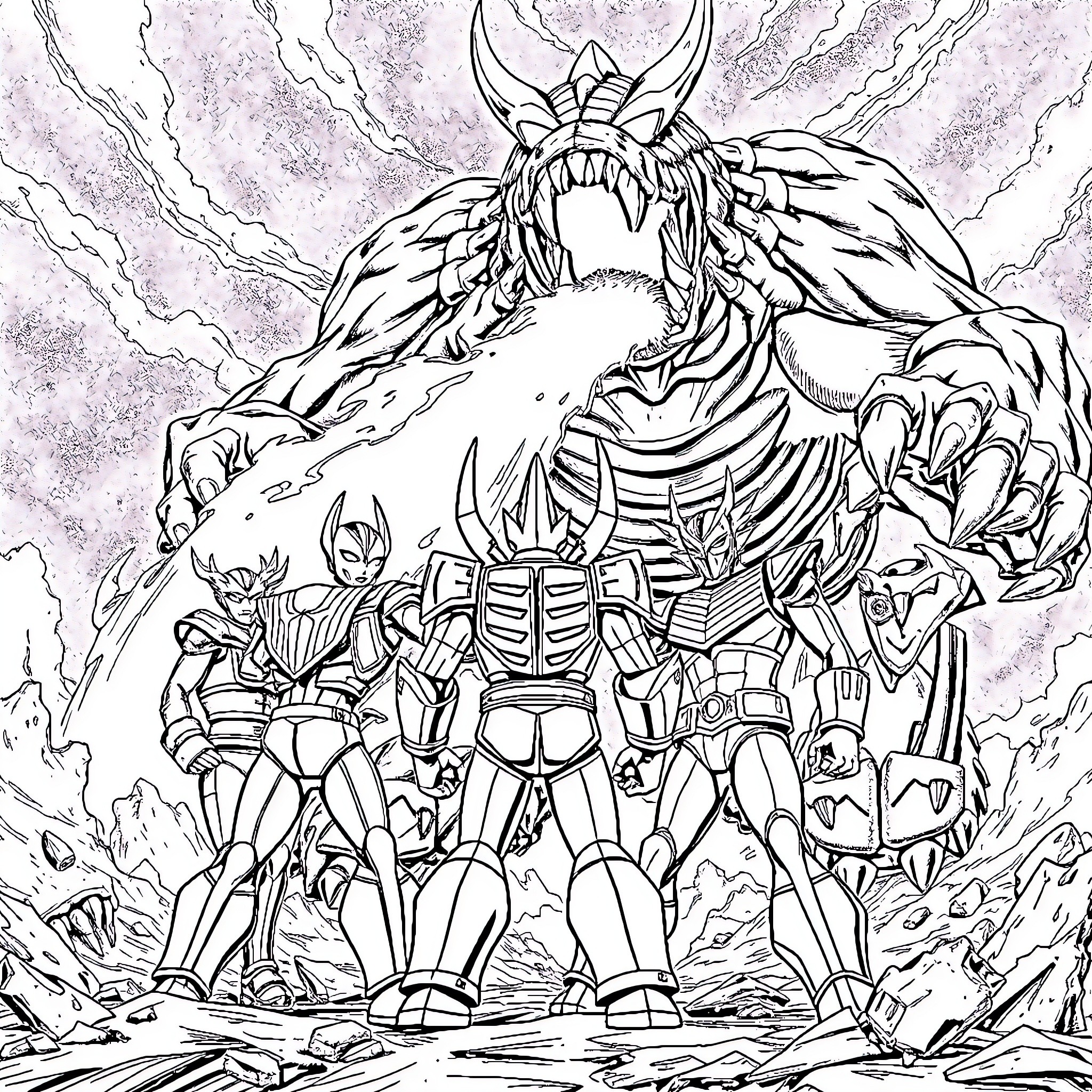 Ultraman heroes facing a monstrous foe Coloring Page (free black-and-white line drawing printable PDF for all, from beginners to advanced learners, including children, teens, adults, and seniors)