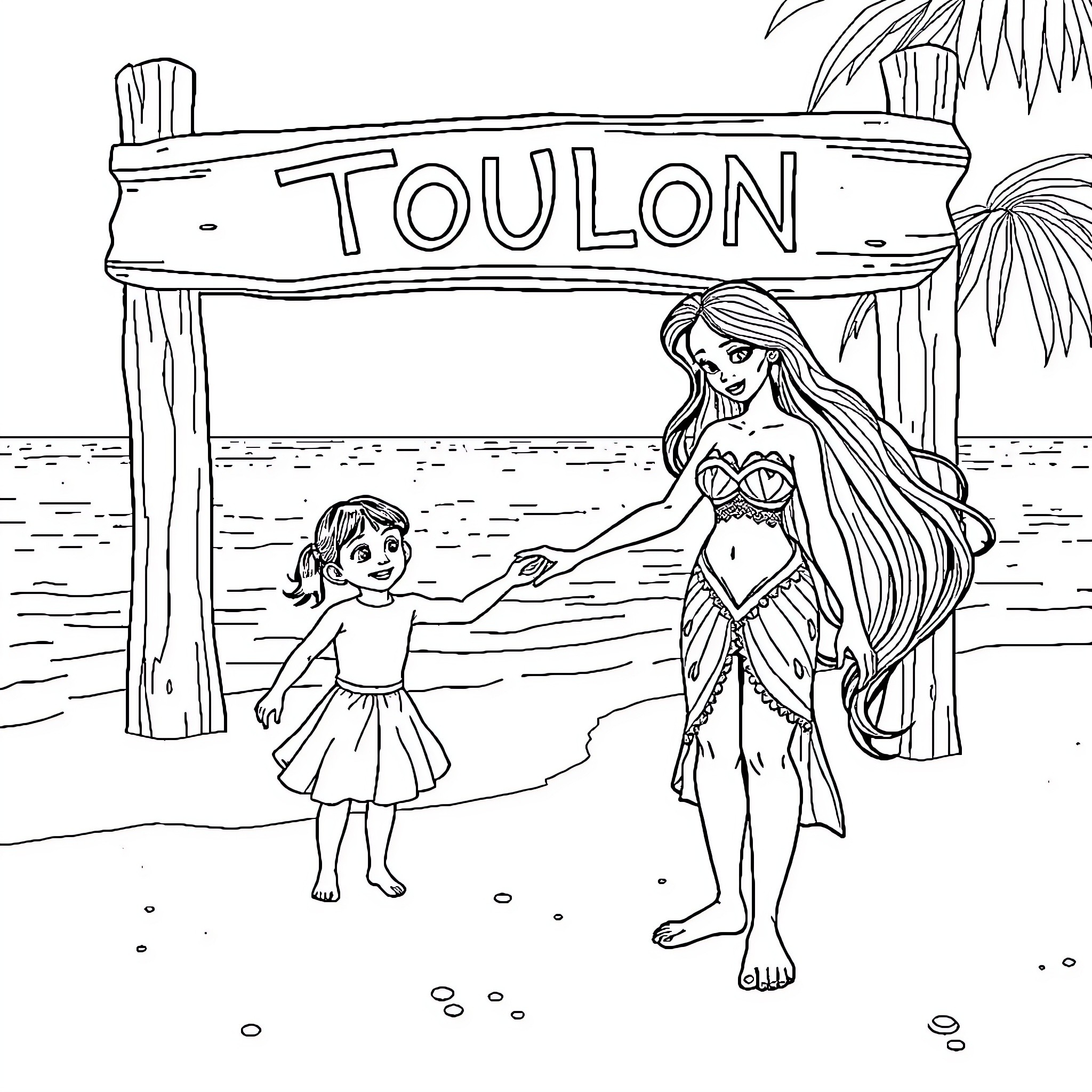 Vaiana and child exploring the beach near Toulon Coloring Page (free black-and-white line drawing printable PDF for all, from beginners to advanced learners, including children, teens, adults, and seniors)
