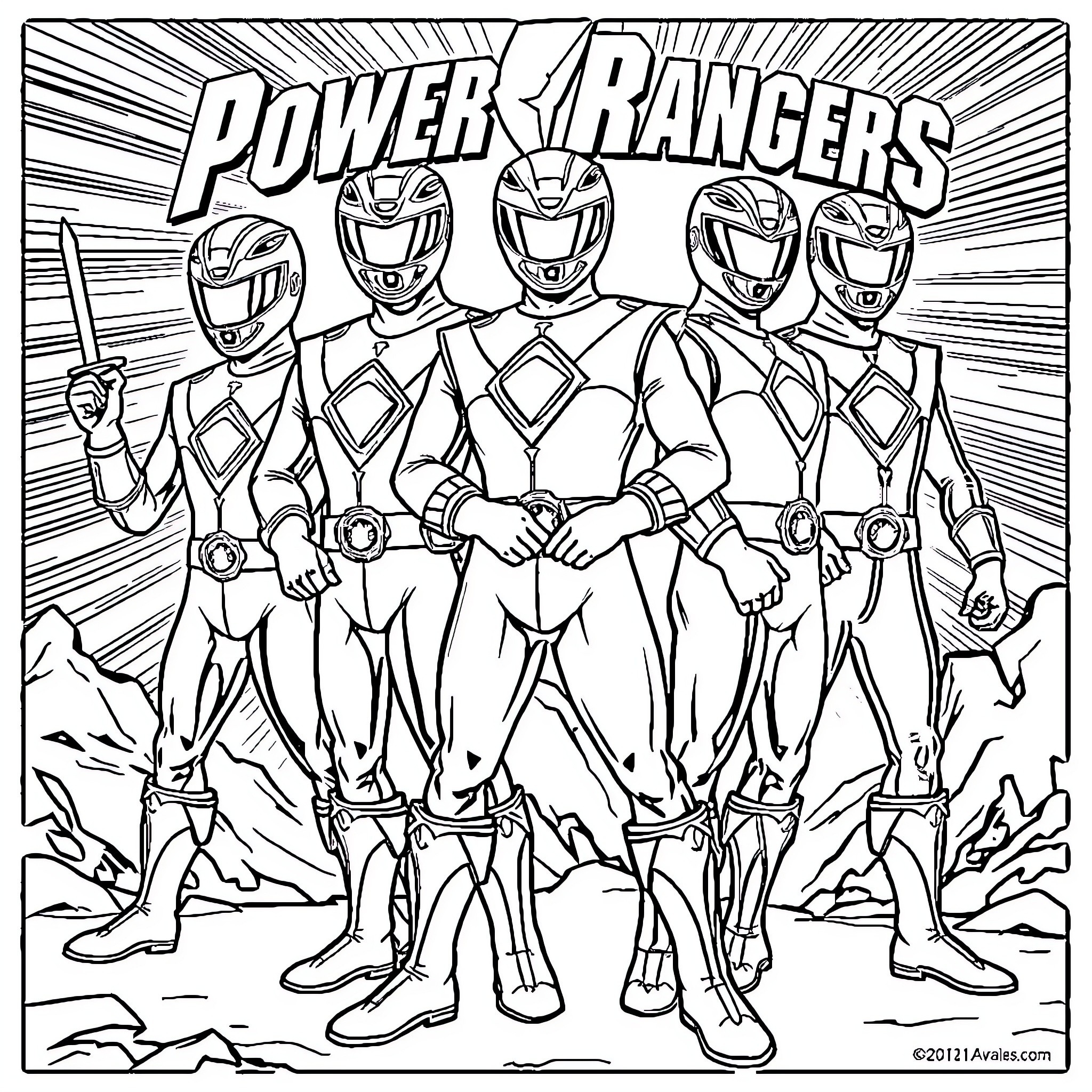 Power Rangers in action poses Coloring Page (free black-and-white line drawing printable PDF for all, from beginners to advanced learners, including children, teens, adults, and seniors)