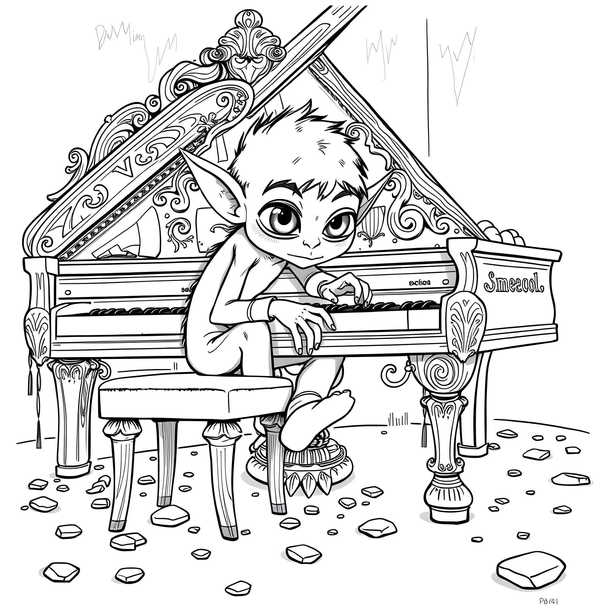 Smeagol playing piano in an ornate setting Coloring Page (free black-and-white line drawing printable PDF for all, from beginners to advanced learners, including children, teens, adults, and seniors)